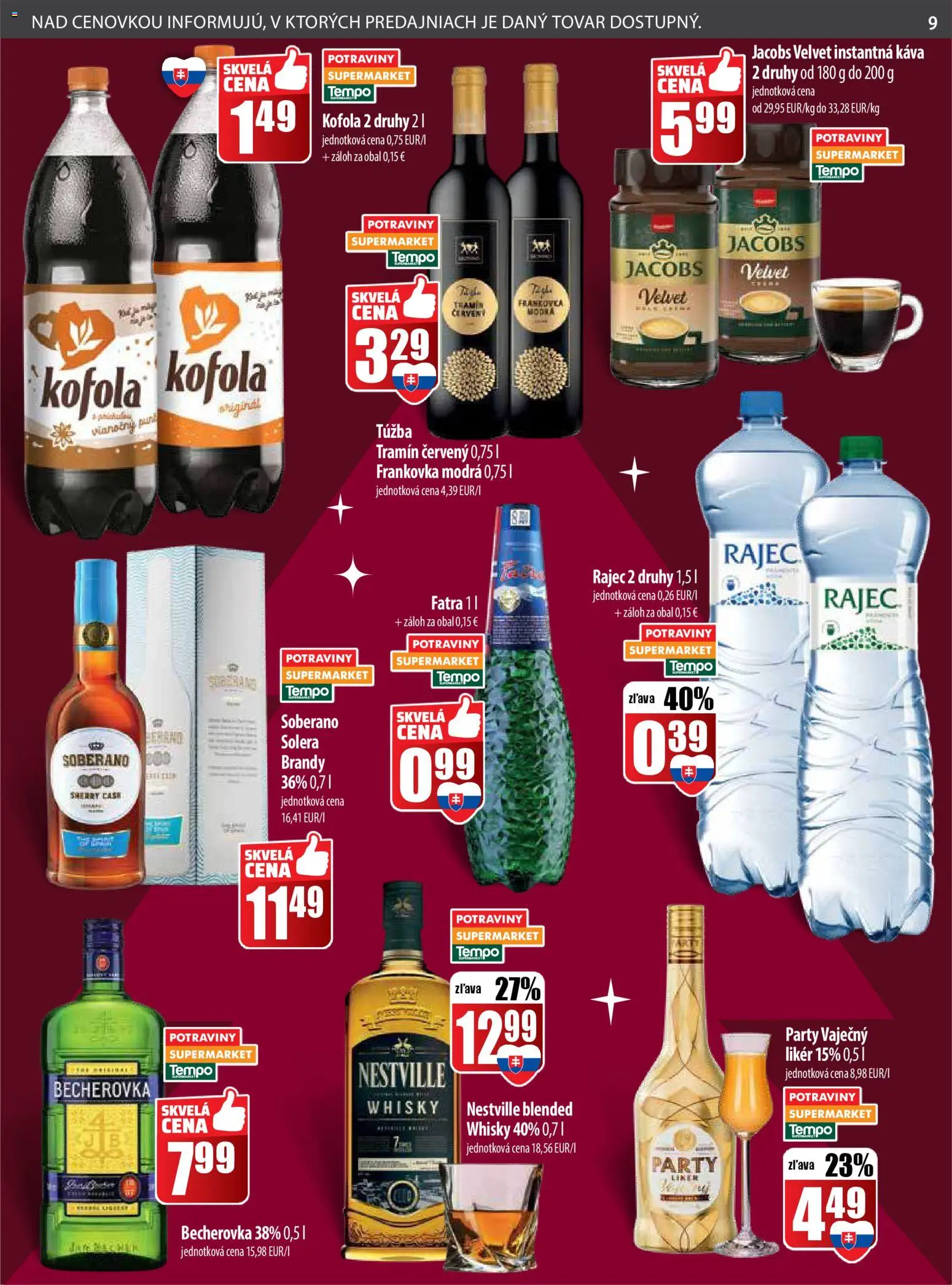 Nové COOP Jednota akcie – leták je platný od 18.12.2025 | Strana: 9 | Produkty: Jacobs Velvet, Rajec, Kofola, Whisky