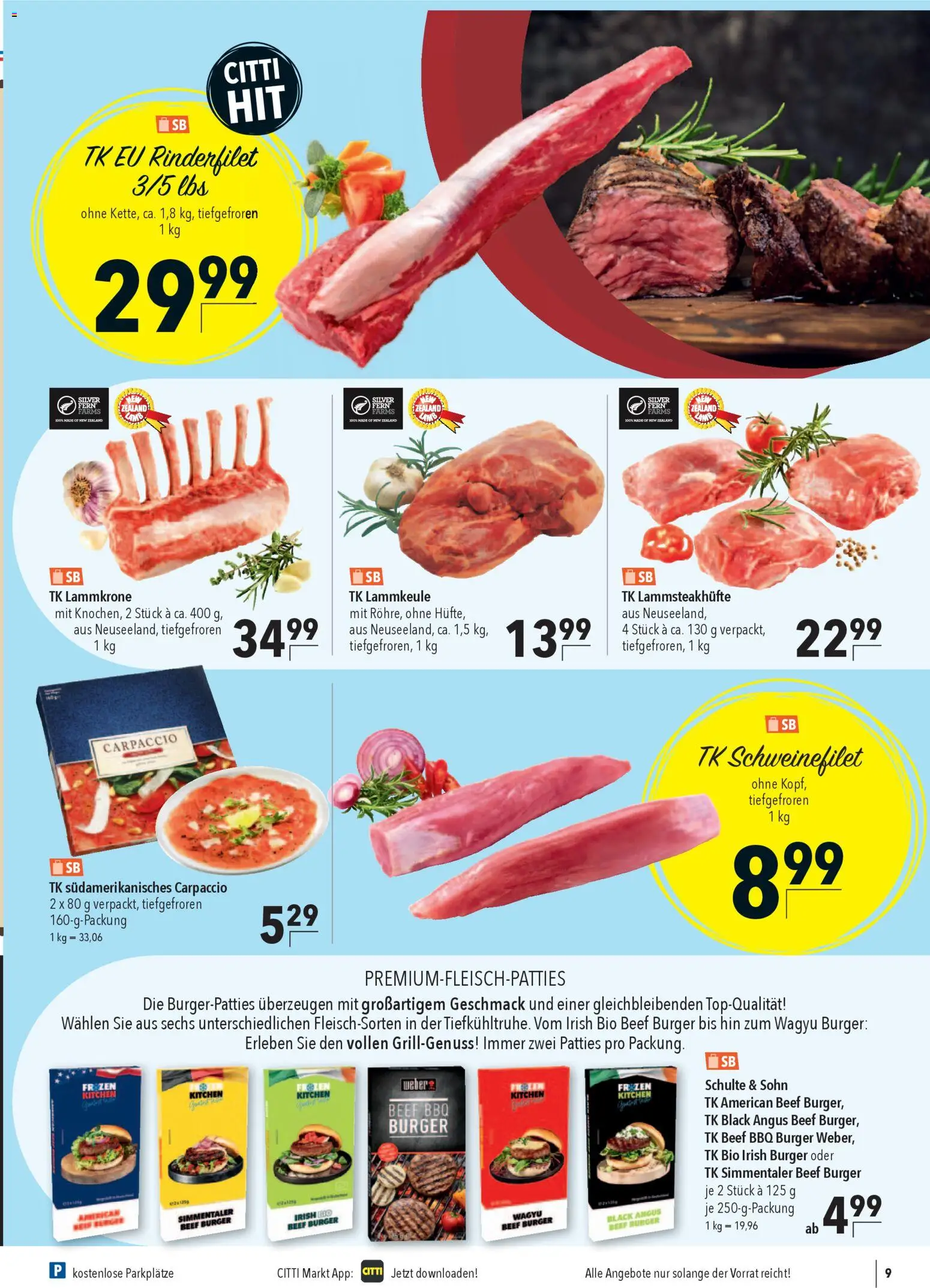 CITTI Markt Tiefkühlkost – gültig ab 04.03.2026 | Seite: 9 | Produkte: Lammkeule, Rinderfilet, Burger, Schweinefilet
