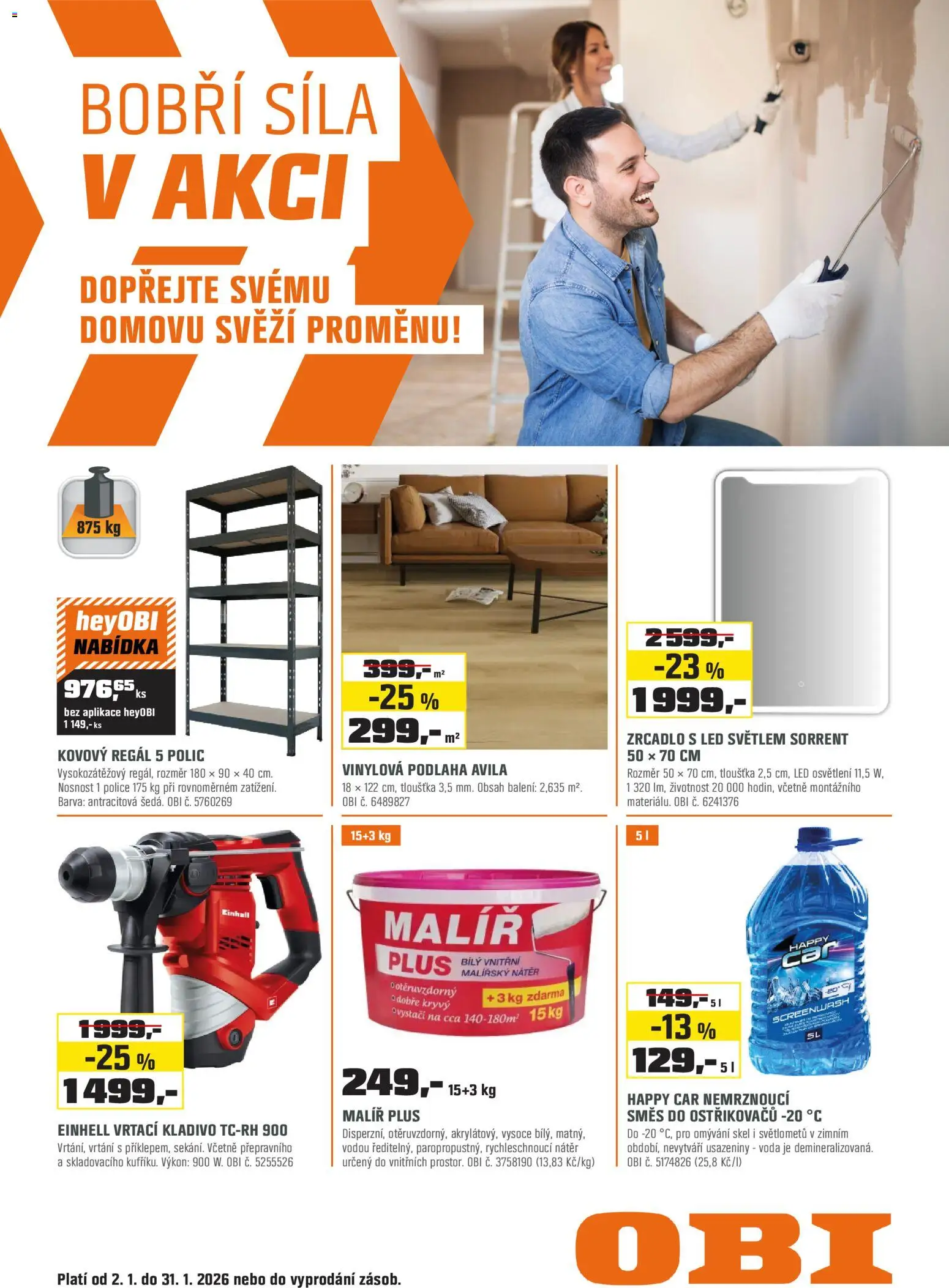 OBI leták - Bobří síla v akci od 02.01.2026 | Strana: 1 | Produkty: Voda, Police, Zrcadlo, Kovový regál