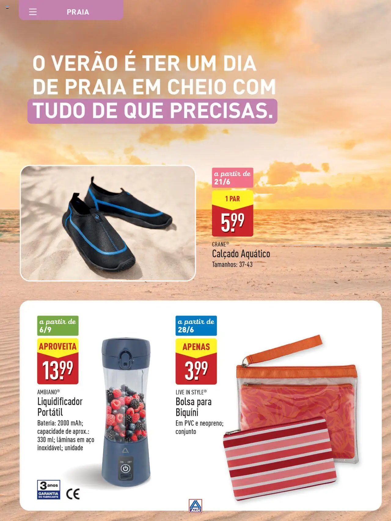 Aldi Especial Verão  │ válido de 09.06.2025 | Página: 42 | Produtos: Bolsa, Biquíni, Liquidificador, Bateria