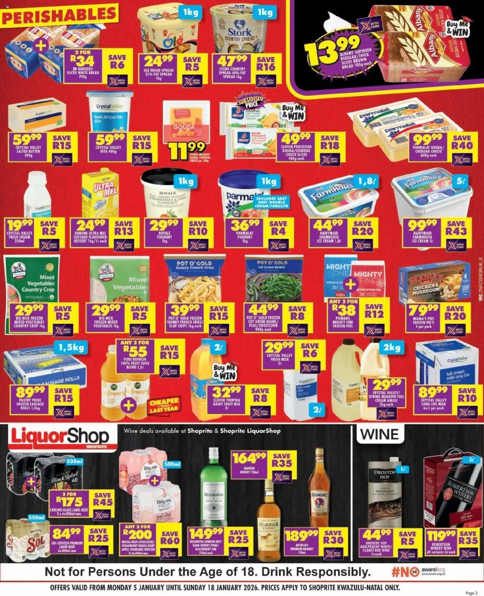 New Shoprite catalogue – valid from 05.01.2026 | Page: 3 | Products: Butter, Wine, Beer, Chicken