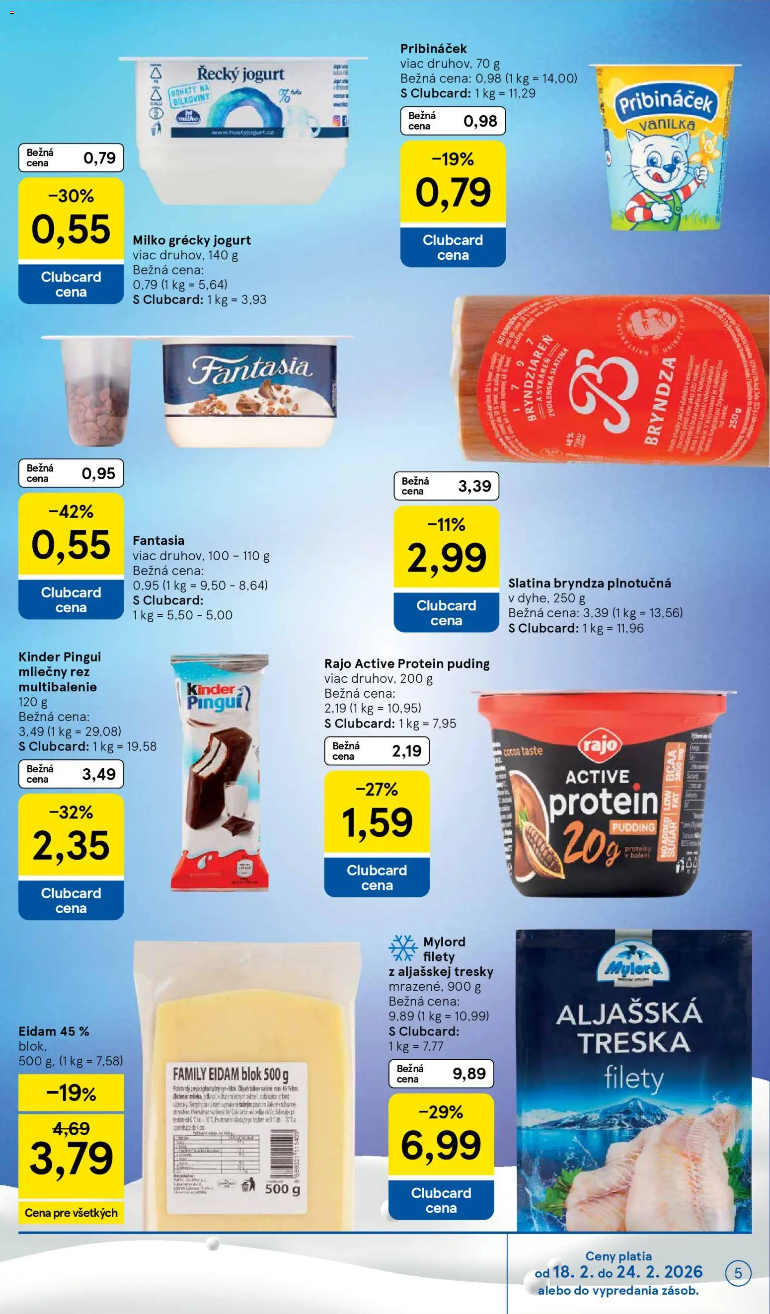 Nové Tesco akcie – leták je platný od 18.02.2026 | Strana: 5 | Produkty: Jogurt, Eidam, Grécky jogurt, Treska