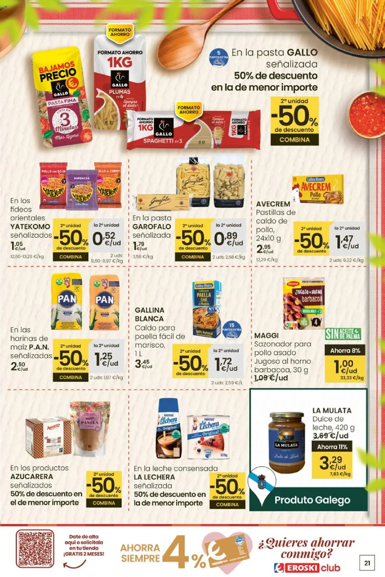 Eroski Quieres ahorrar conmigo │ válido desde el 16.04.2026 | Página: 21 | Productos: Leche, Pasta, Sazonador, Barbacoa