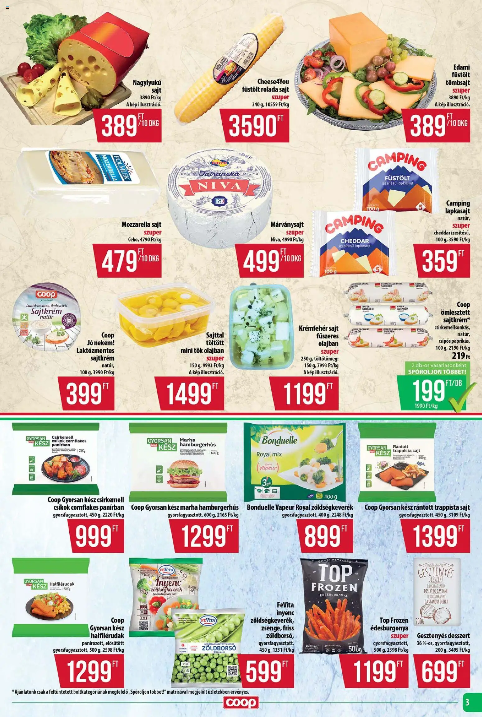 COOP akciós ujság - amely érvényes a következő dátumtól: 20.11.2025 | Oldal: 3 | Termékek: Mozzarella, Zöldségkeverék, Cheddar, Csirkemell