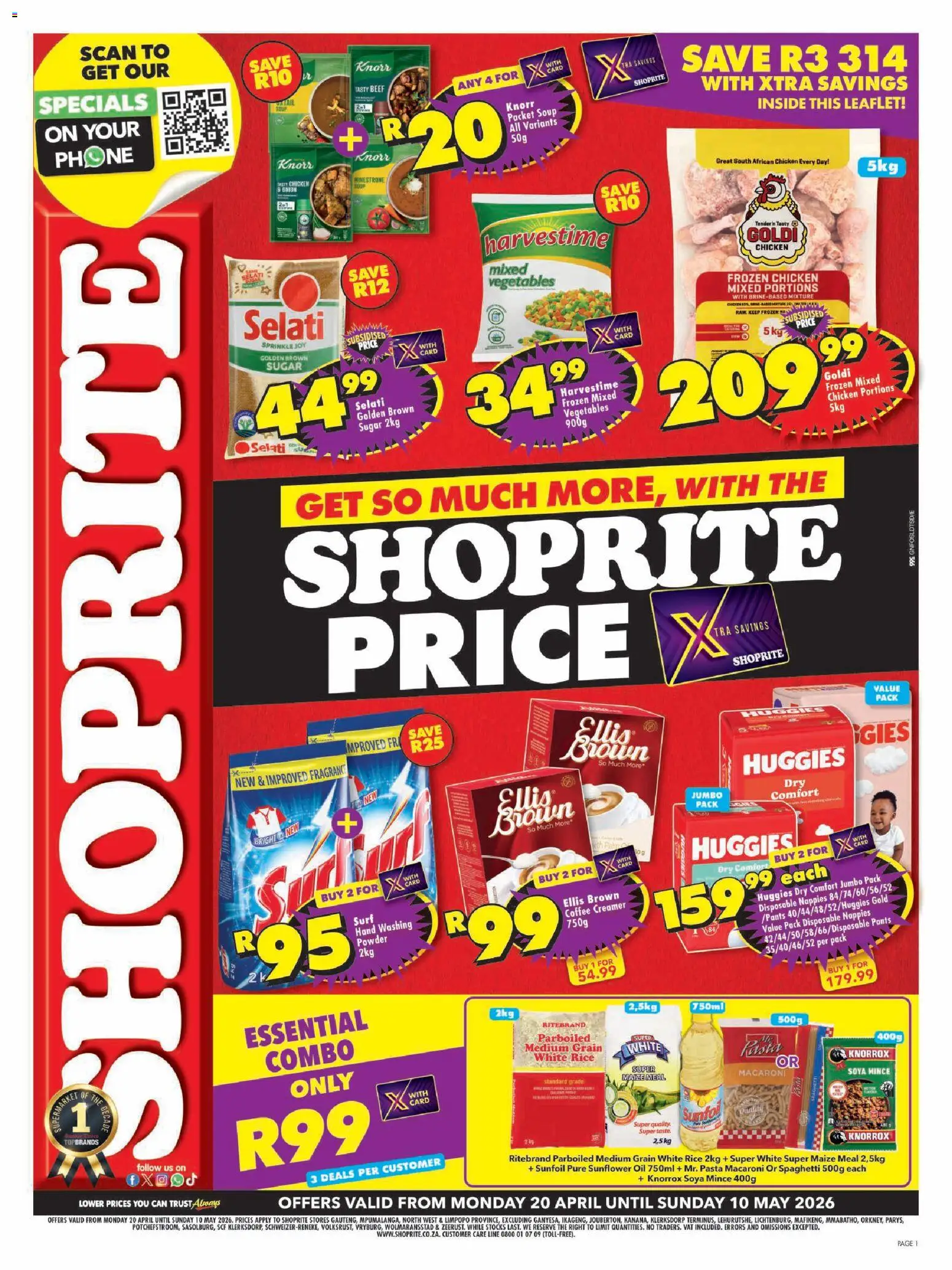 New Shoprite catalogue – valid from 20.04.2026 | Page: 1 | Products: Pants, Frozen vegetables, Rice, Nappies