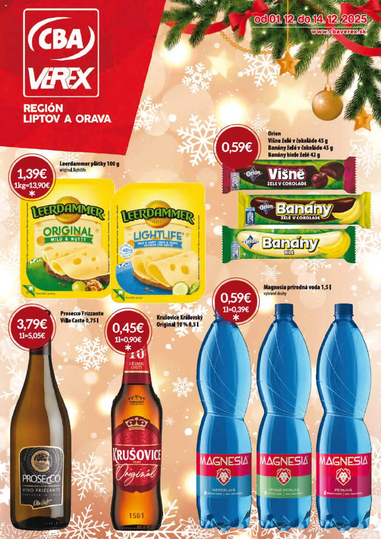 Nové CBA Verex akcie – leták je platný od 01.12.2025 | Strana: 1 | Produkty: Prosecco, Krušovice, Voda, Višne