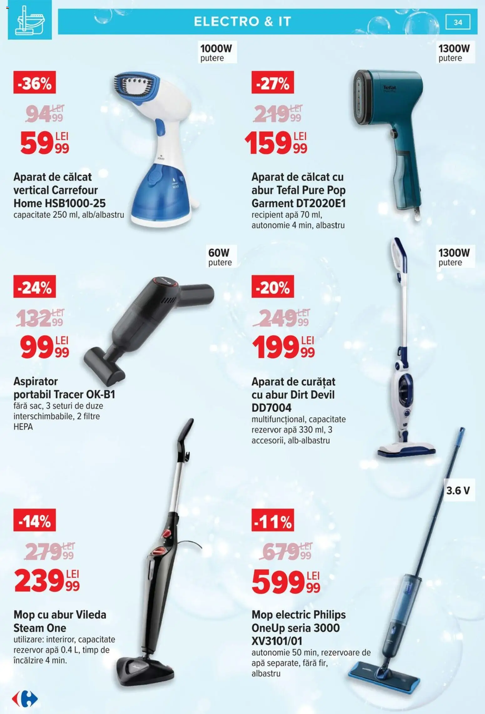 Noul catalog Carrefour – valabil de la 09.03.2026 | Pagină: 34 | Produse: Aparat de călcat, Aspirator, Mop, Apă