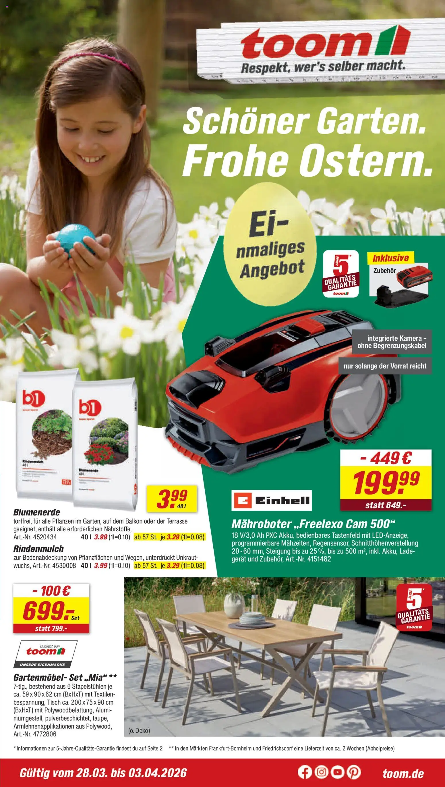 Toom Baumarkt Prospekt 	 – gültig ab 28.03.2026 | Seite: 1 | Produkte: Rindenmulch, Tisch, Gartenmöbel, Blumenerde