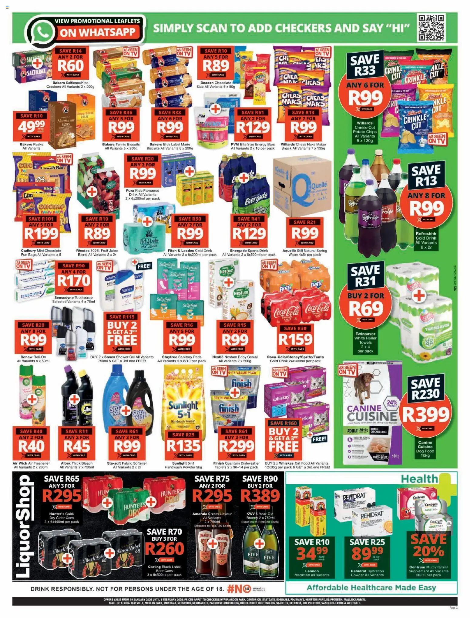 New Checkers catalogue – valid from 19.01.2026 | Page: 3 | Products: Chocolate, Rusks, Fanta, Water
