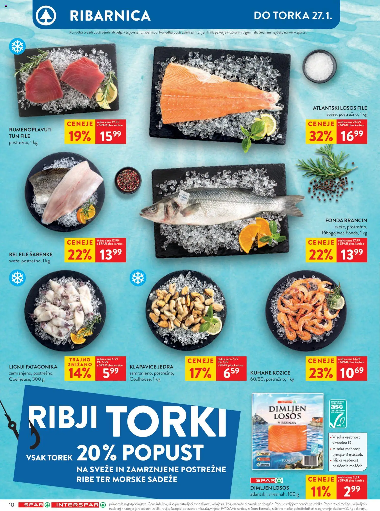 Novi Spar katalog ponudbe – veljaven od 21.01.2026 | Stran: 10 | Izdelki: Lignji, Kozice, Losos, Klapavice