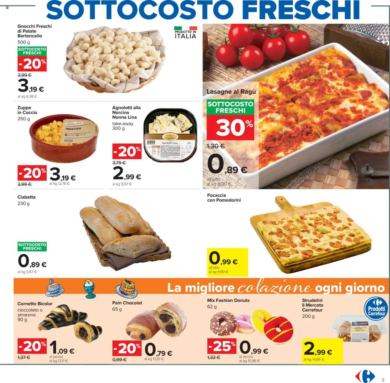 Volantino Carrefour del 23.10.2025 | Pagina: 5 | Prodotti: Focaccia, Pasta, Ragú, Gnocchi