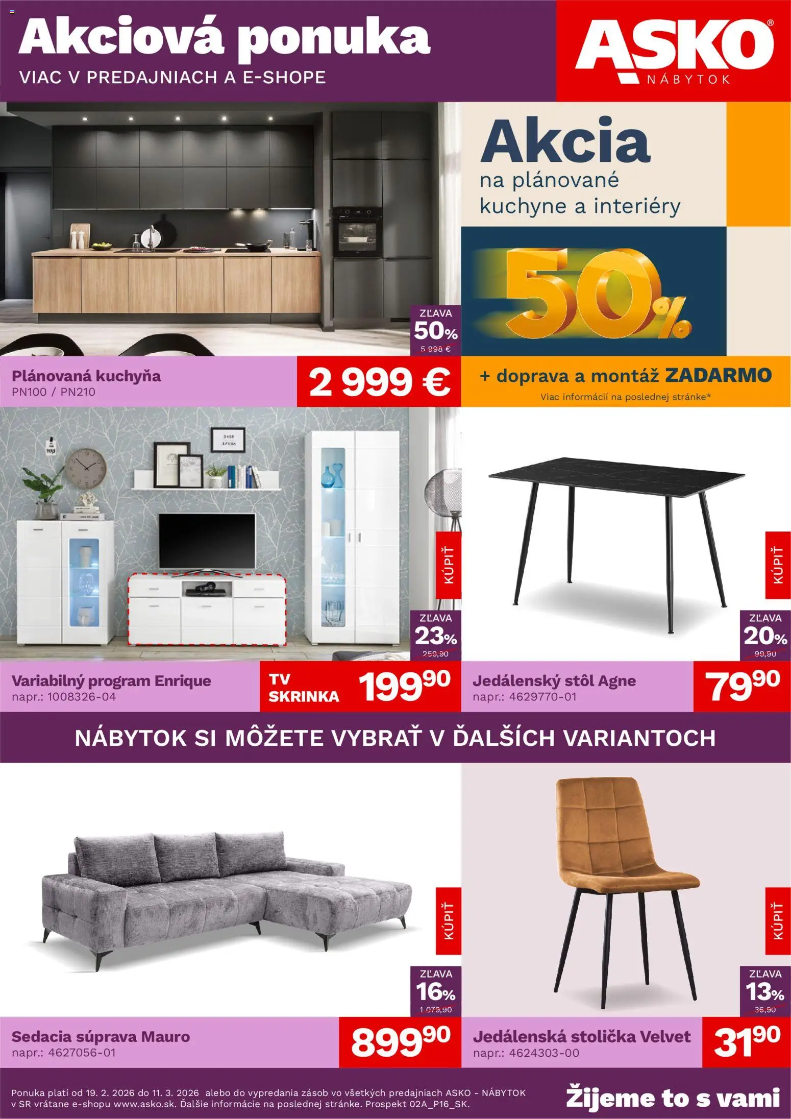 Nové ASKO nábytok akcie – leták je platný od 19.02.2026 | Strana: 1 | Produkty: Nábytok, Sedacia súprava, Jedálenská stolička, Kuchyňa