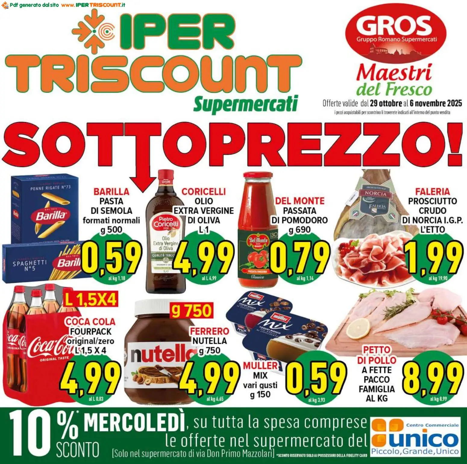 Volantino Ipertriscount del 29.10.2025 | Pagina: 1 | Prodotti: Prosciutto, Pasta, Penne, Coca Cola