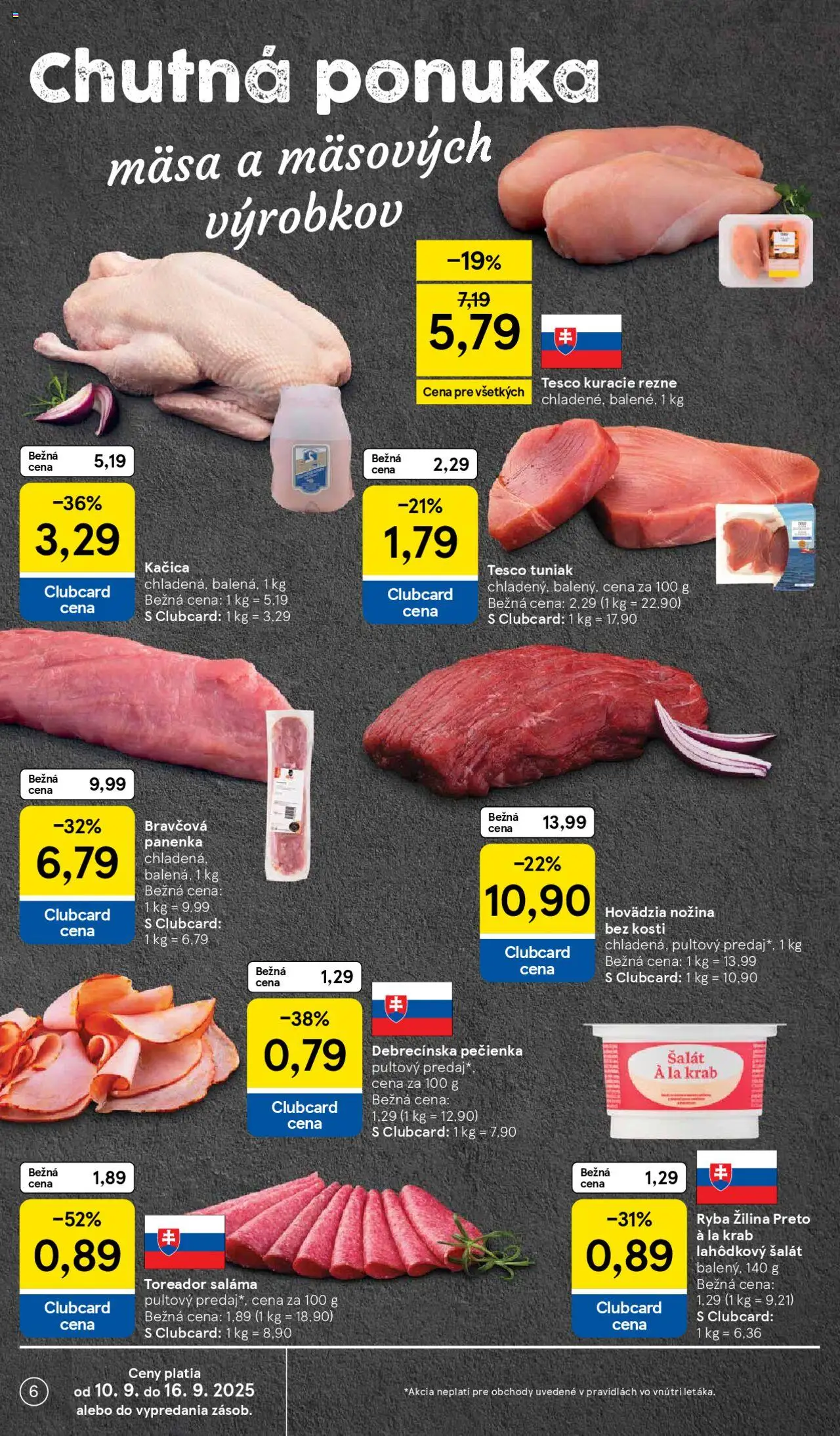 Nové Tesco akcie – leták je platný od 10.09.2025 | Strana: 6 | Produkty: Kačica, Kuracie rezne, Ryba, Šalát