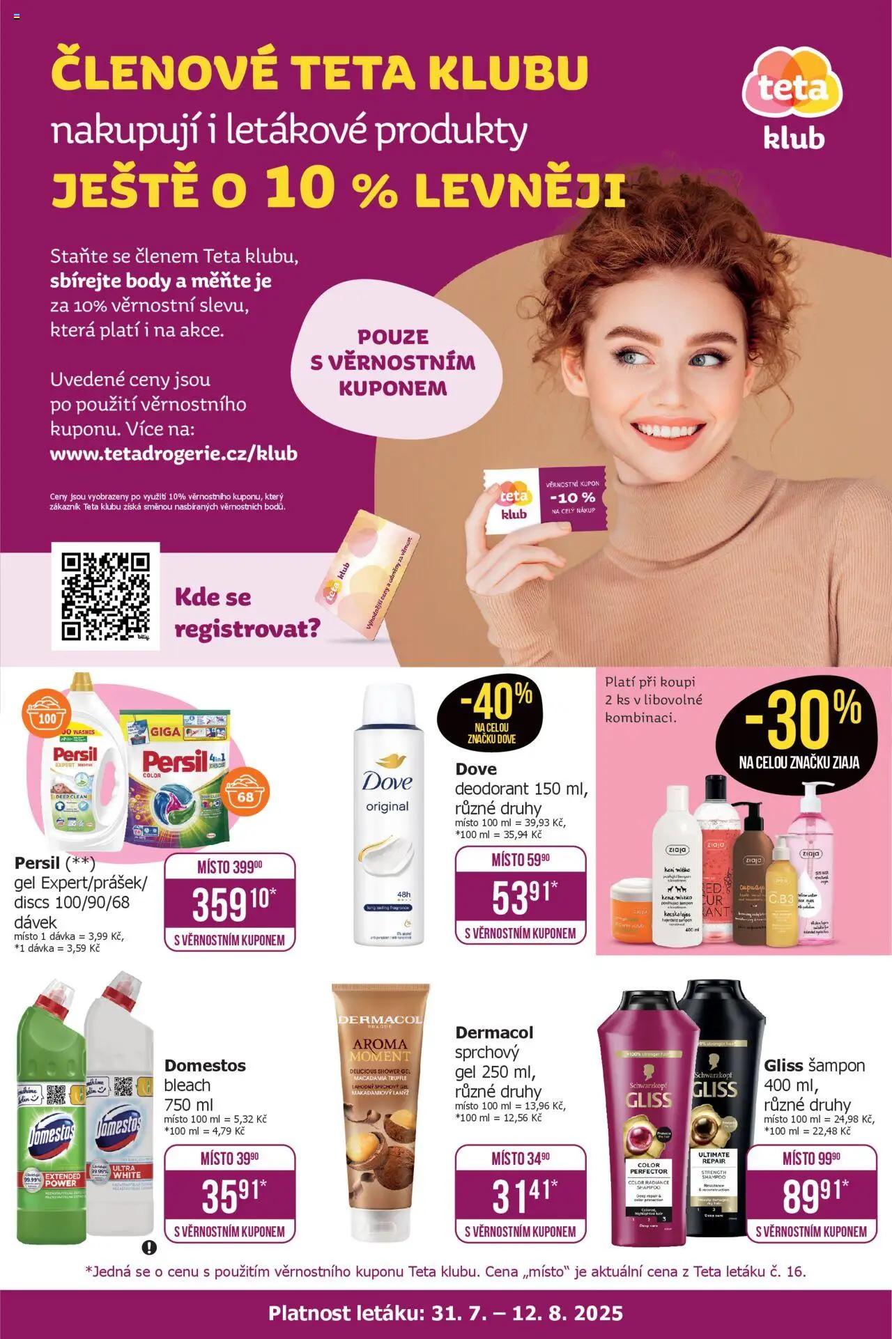 TETA Drogerie leták - Klub od 31.07.2025 | Strana: 1 | Produkty: Deodorant, Ziaja, Dove deodorant, Šampon