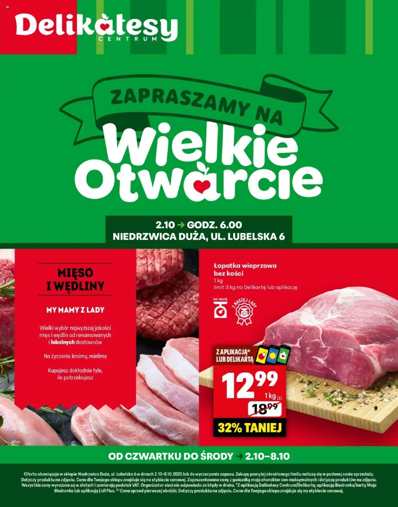 Delikatesy Centrum Gazetka - Niedrzwica Duża Otwarcie od 02.10.2025 | Strona: 1 | Produkty: Mięso, Delikatesy, Łopatka wieprzowa, Wędliny