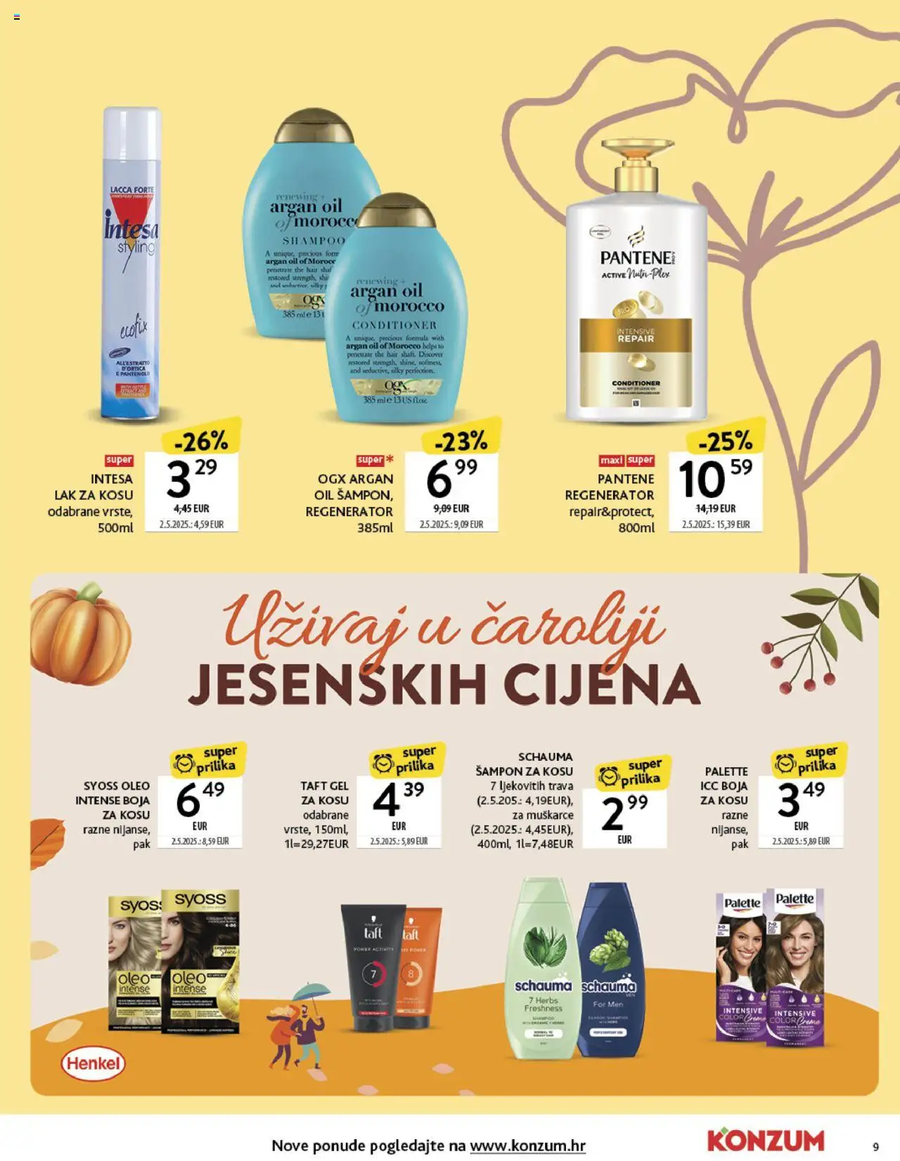 Konzum katalog | vrijedi od 22.09.2025 | Stranica: 9 | Proizvodi: Gel za kosu, Šampon, Regenerator, Lak za kosu
