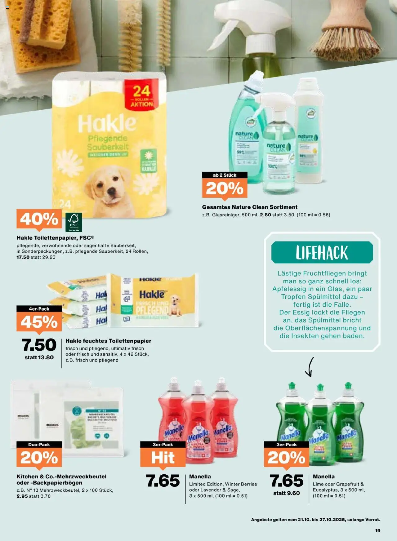 Migros Aktionen – gültig ab 21.10.2025 | Seite: 19 | Produkte: Essig, Feuchtes Toilettenpapier, Grapefruit, Toilettenpapier