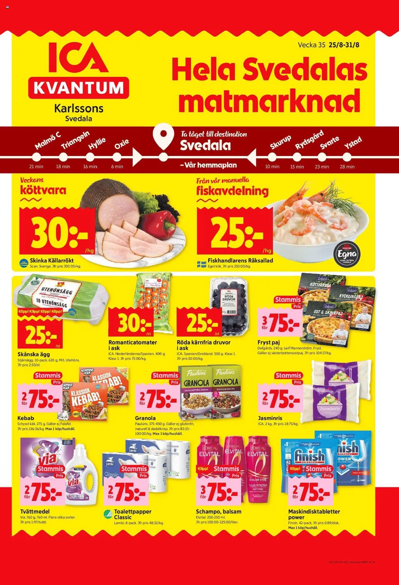 ICA Kvantum reklamblad aktuell från 25.08.2025 | Sida: 1 | Produkter: Tvättmedel, Ost, Ägg, Skinka