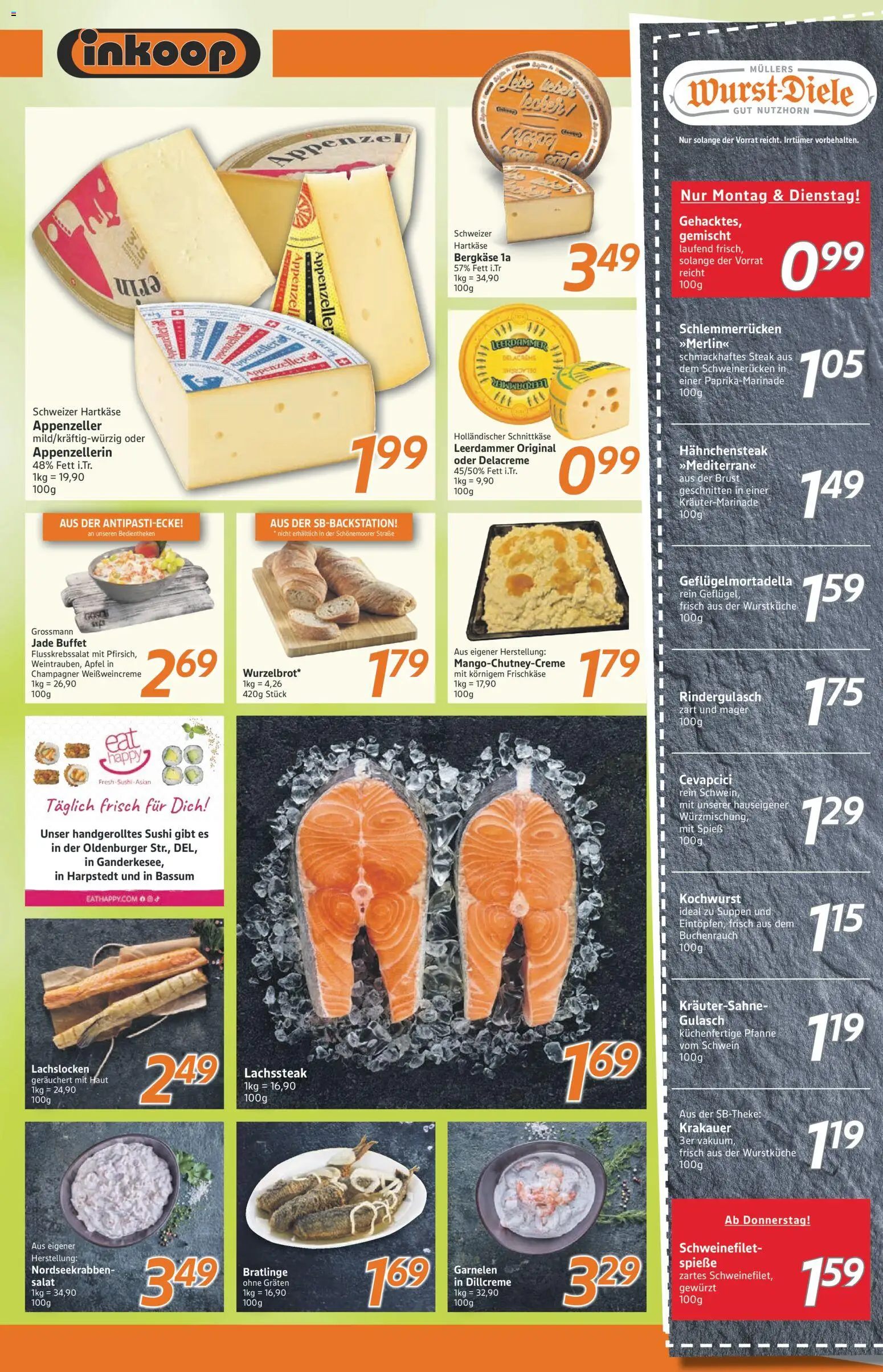 Inkoop Prospekt – gültig ab 23.03.2026 | Seite: 3 | Produkte: Cevapcici, Spieße, Leerdammer, Schweinerucken