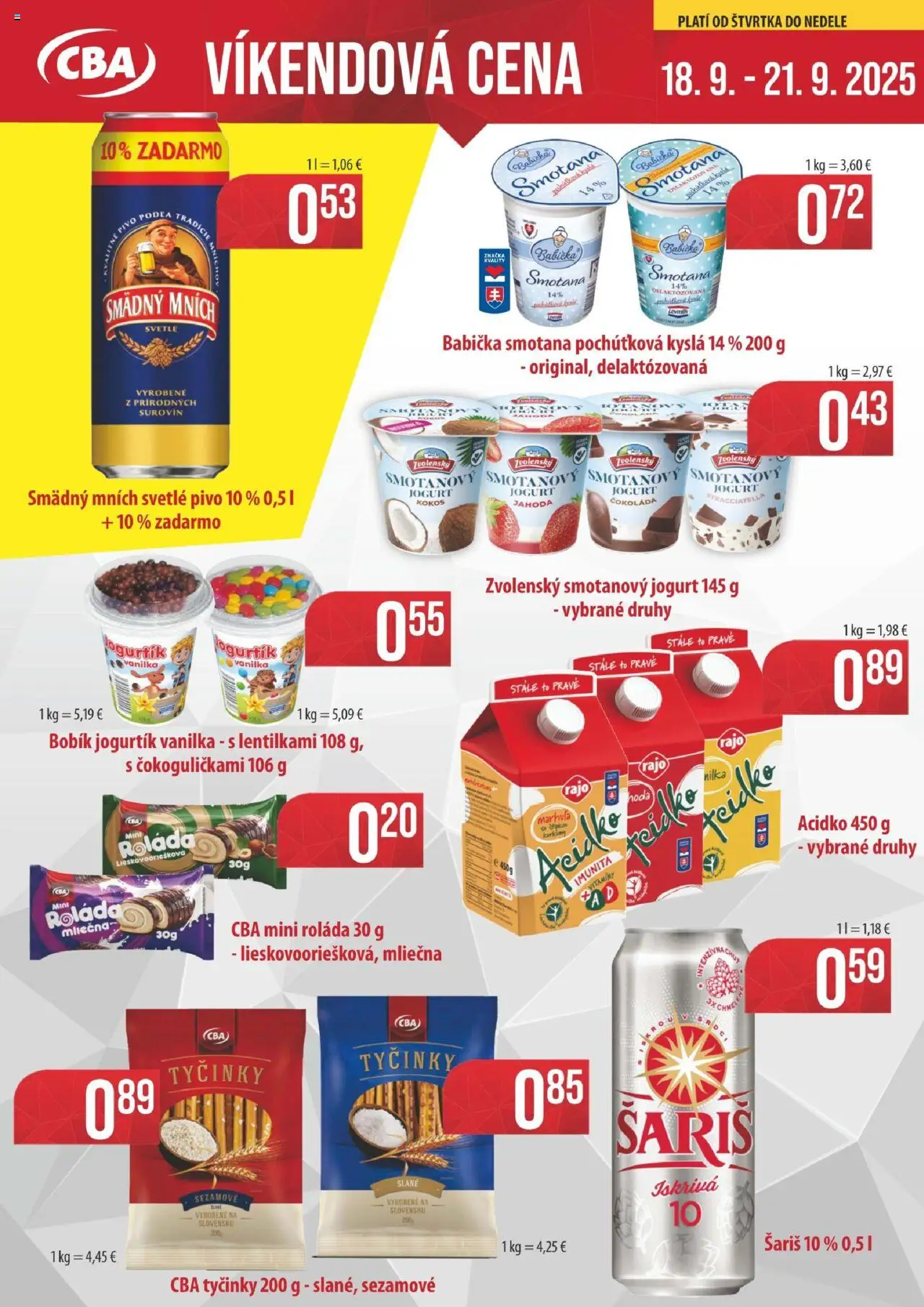 Nové KARMEN CBA akcie – leták je platný od 18.09.2025 | Strana: 1 | Produkty: Pivo, Jogurt, Čokoláda, Smädný Mních