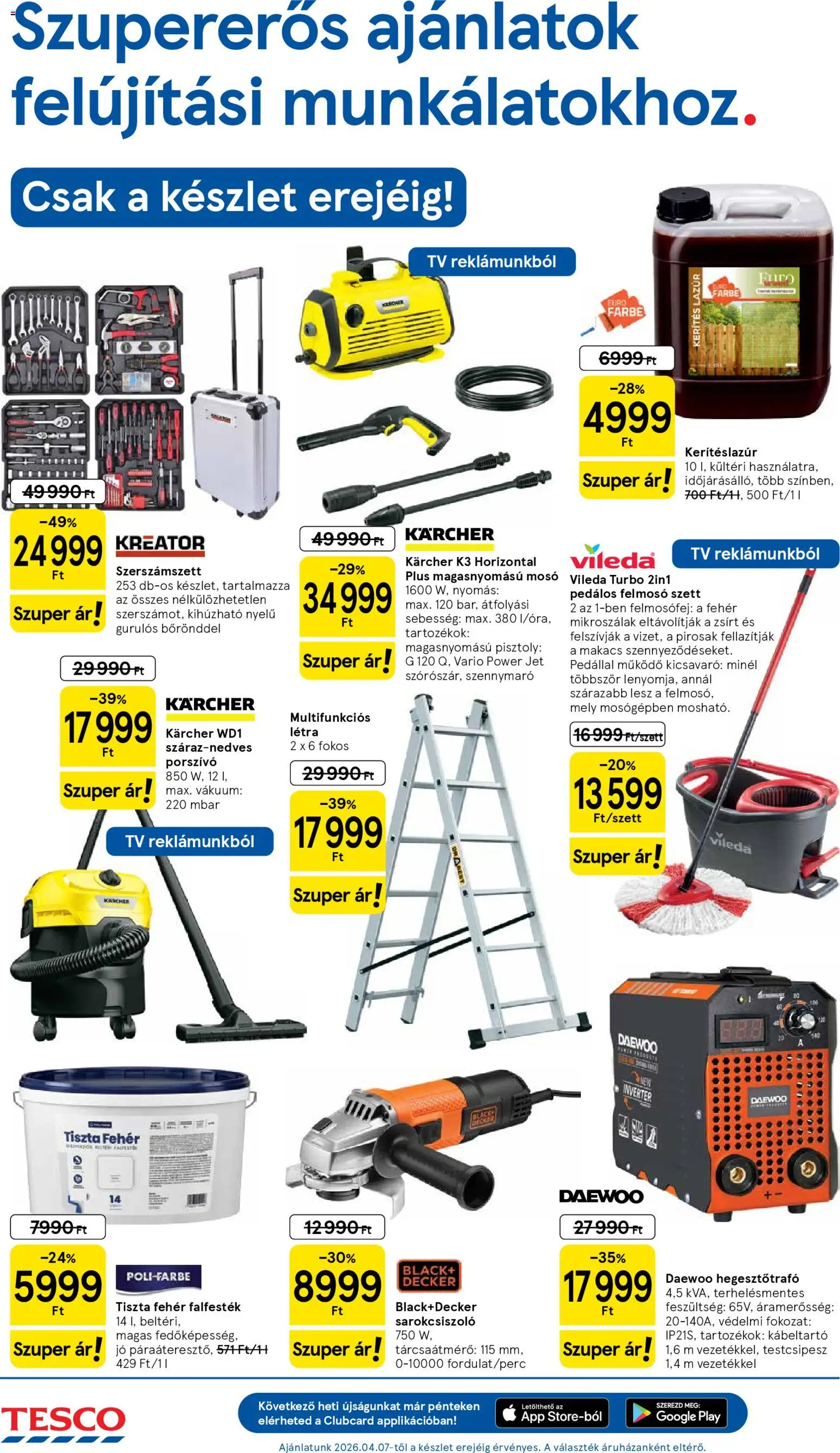Tesco akciós ujság - amely érvényes a következő dátumtól: 07.04.2026 | Oldal: 14 | Termékek: Felmosó, Porszívó, Magasnyomású mosó, Létr