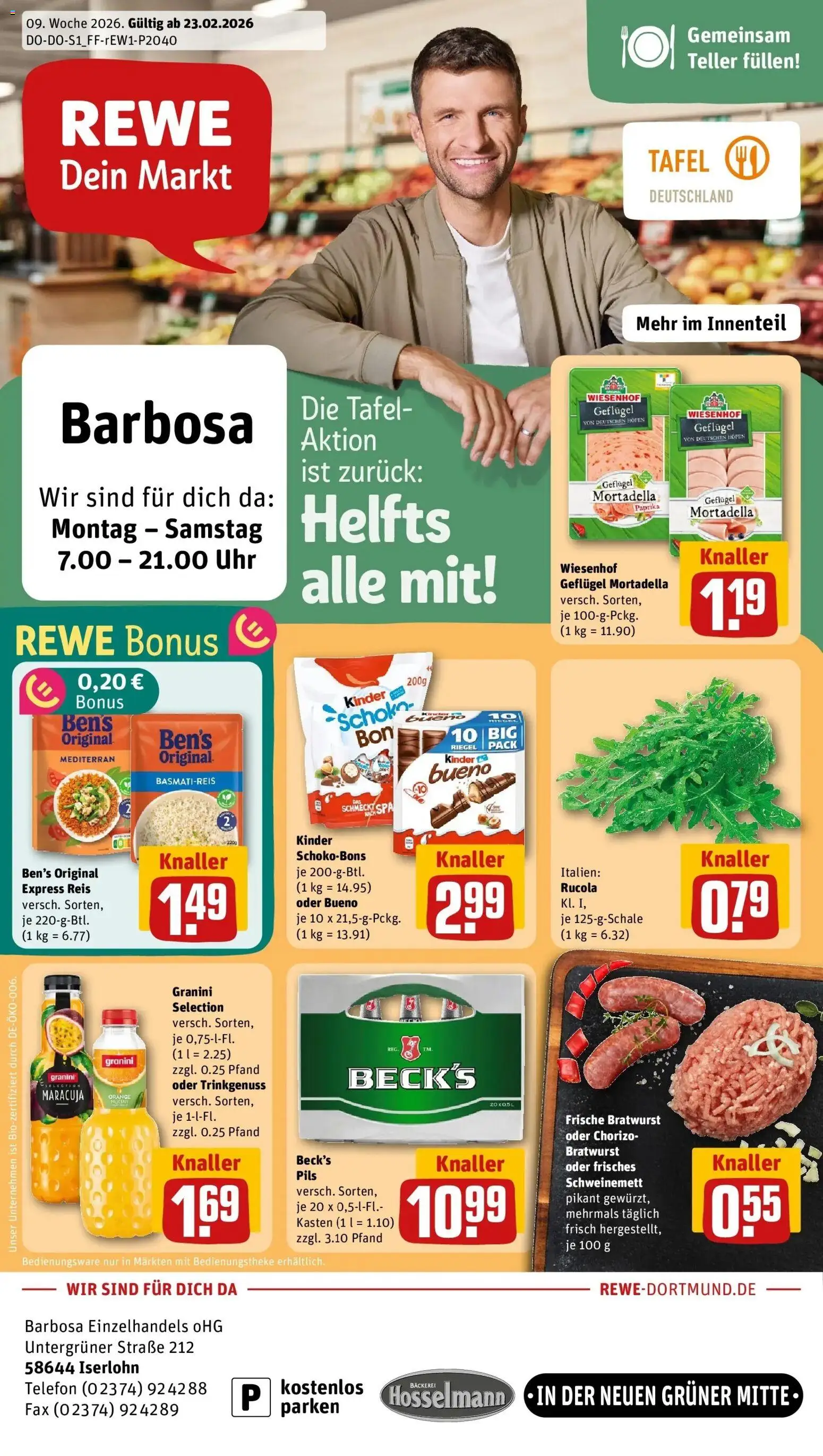 Rewe prospekt Iserlohn	 – gültig ab 22.02.2026 | Seite: 1 | Produkte: Basmatireis, Rucola, Pils, Uhr
