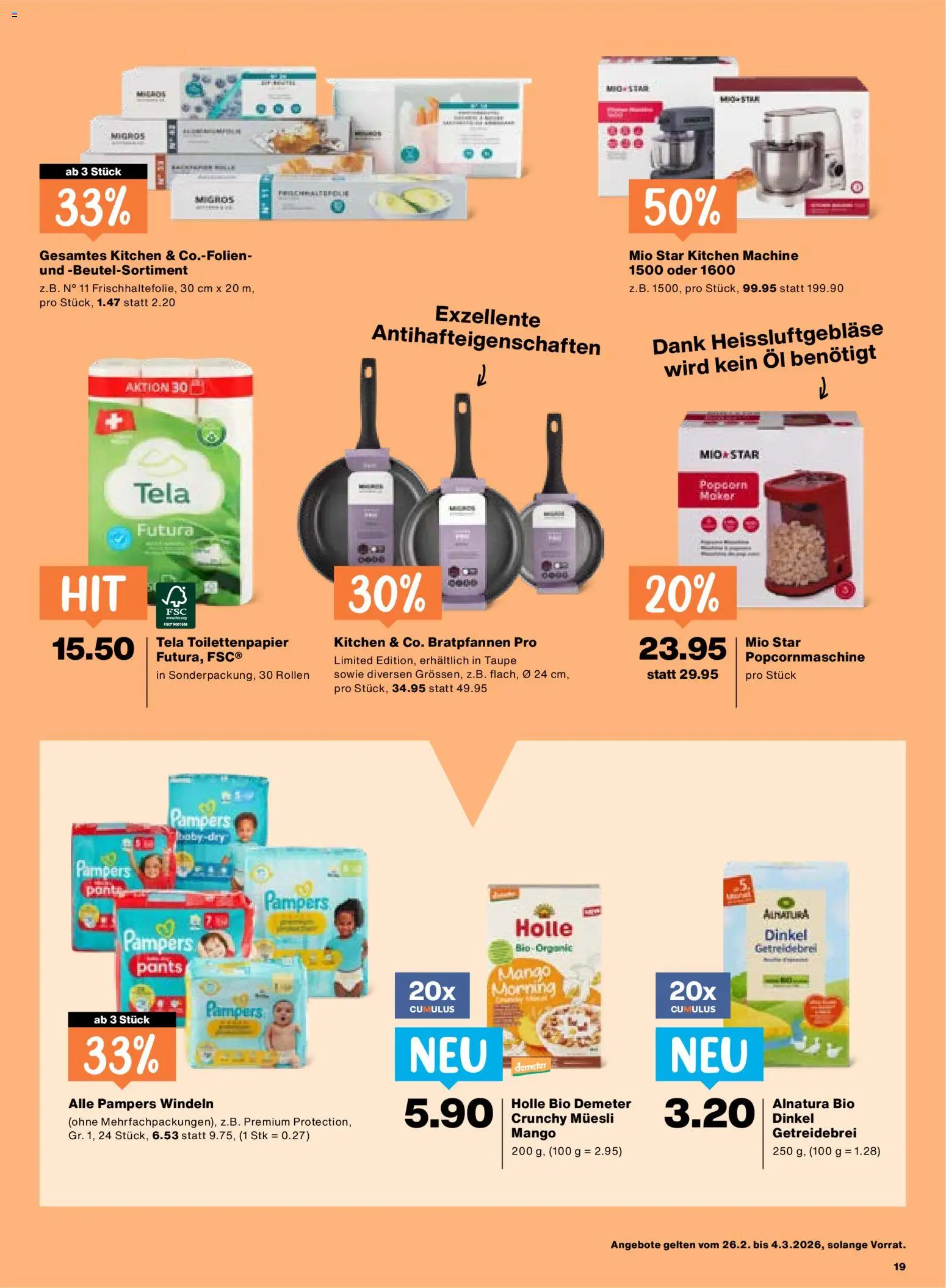 Migros Aktionen – gültig ab 26.02.2026 | Seite: 19 | Produkte: Öl, Mango, Pampers, Toilettenpapier