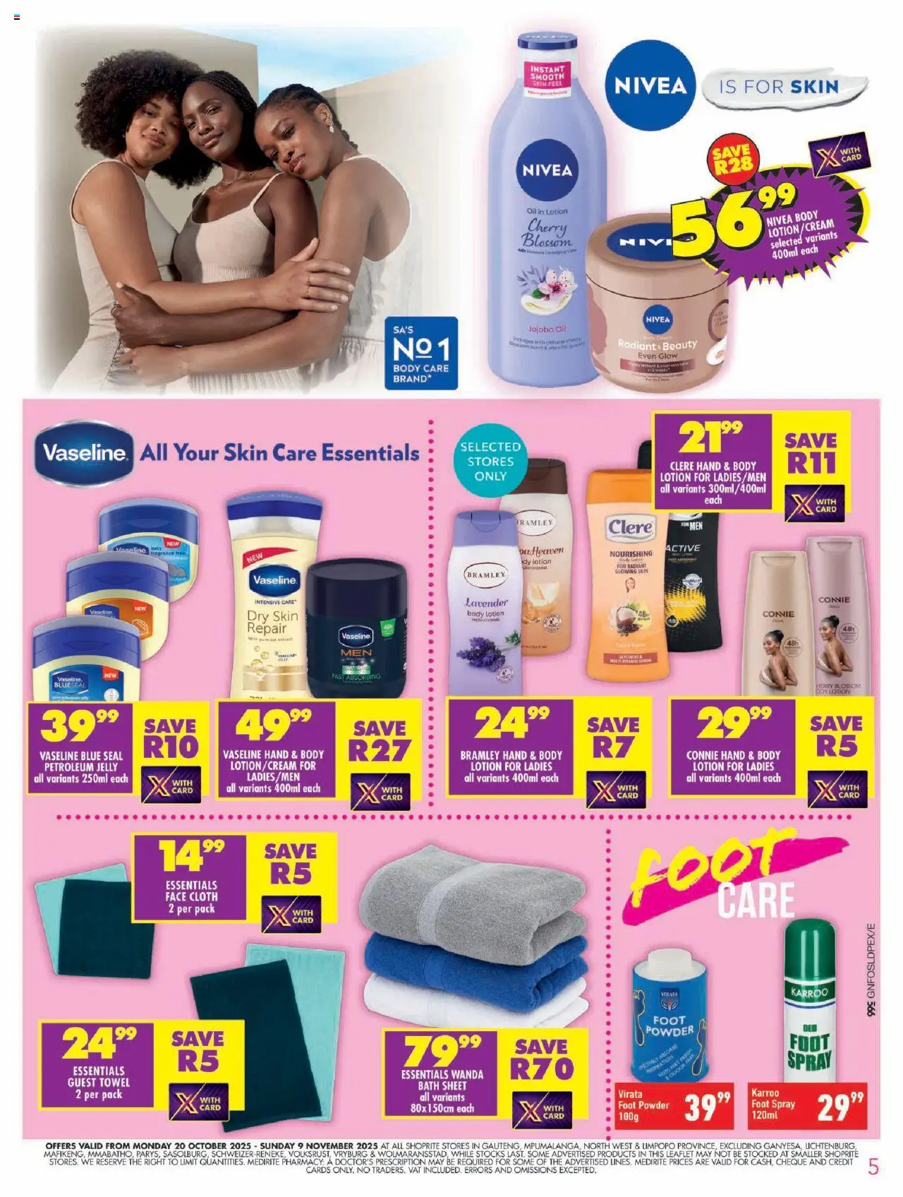 New Shoprite catalogue – valid from 20.10.2025 | Page: 5 | Products: Foot powder, Bath sheet, Bath, Towel