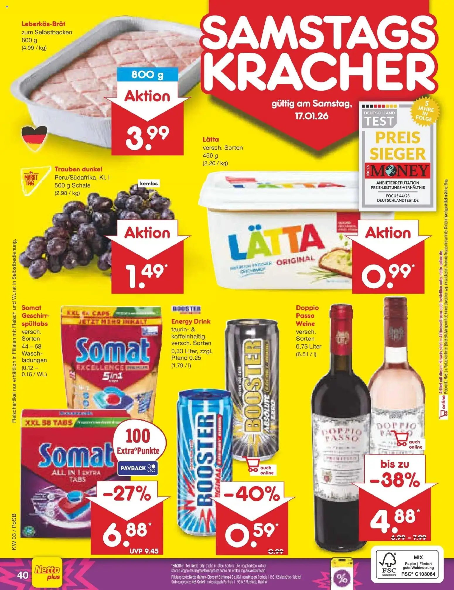 Netto Marken-Discount prospekt Regensburg	 – gültig ab 12.01.2026 | Seite: 44 | Produkte: Trauben, Wurst, Lätta, Fleisch