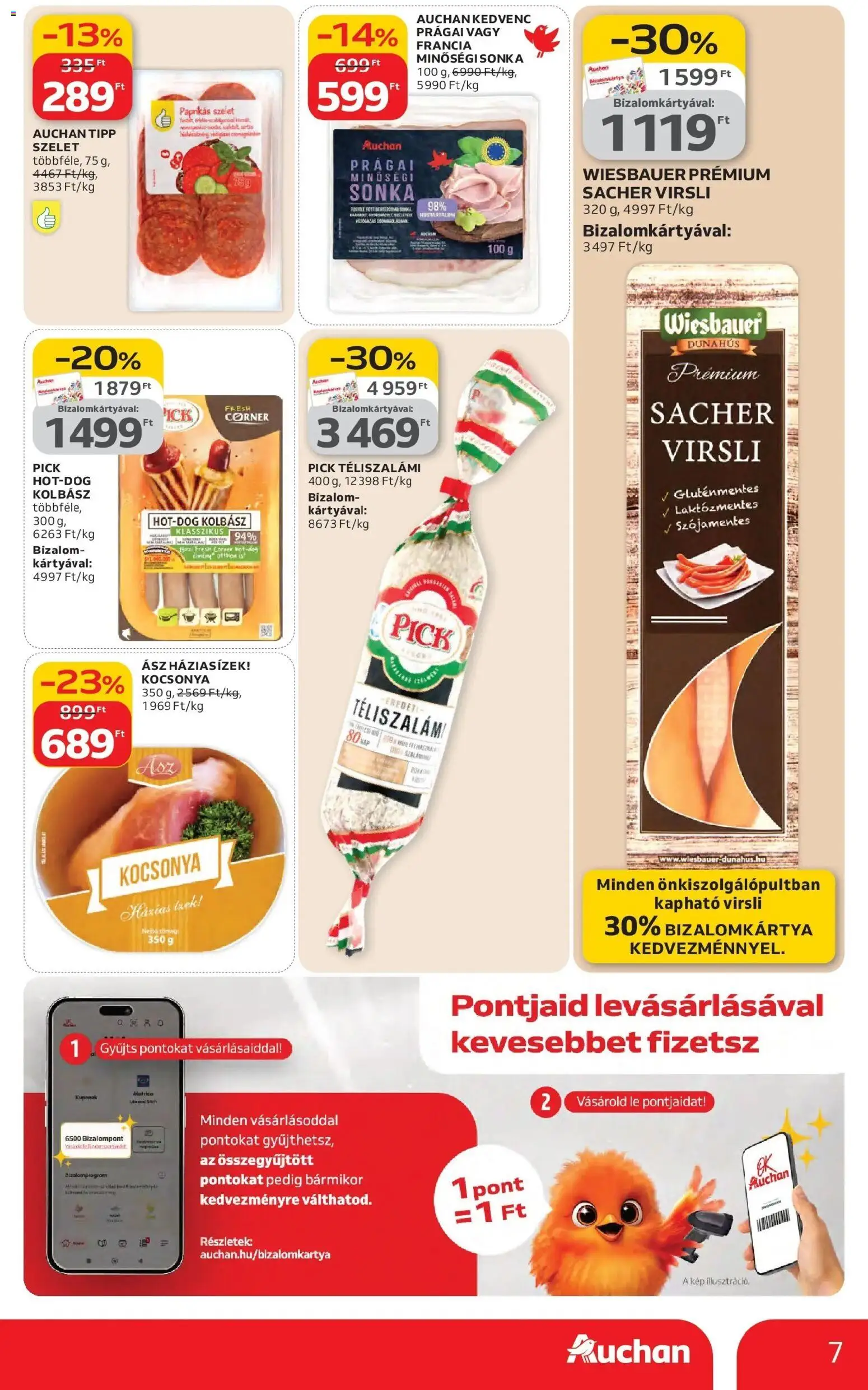 Auchan akciós ujság - amely érvényes a következő dátumtól: 26.02.2026 | Oldal: 7 | Termékek: Kolbász, Pick téliszalámi, Sonka, Gluténmentes