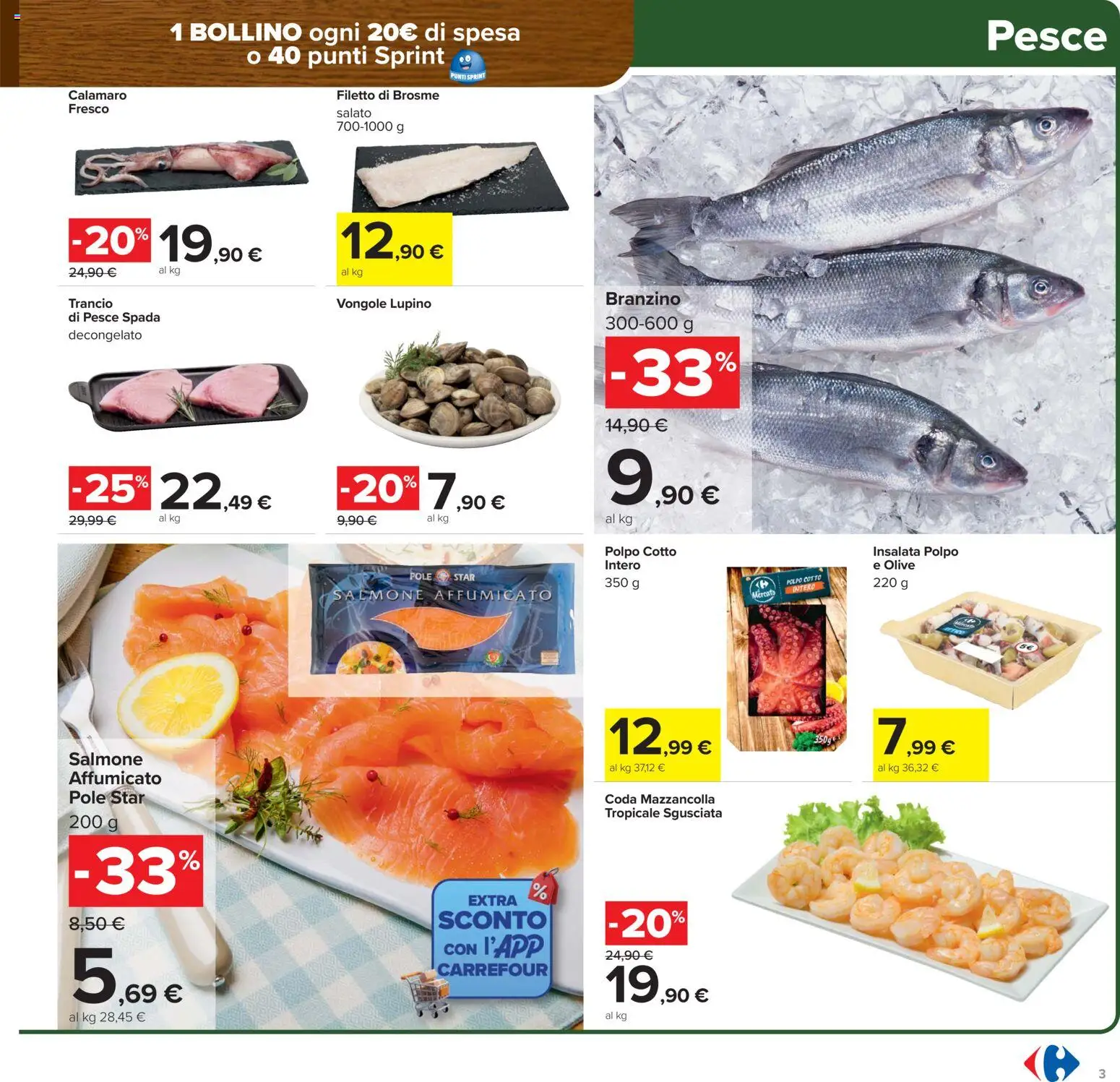 Volantino Carrefour del 27.01.2026 | Pagina: 3 | Prodotti: Salmone affumicato, Vongole, Olive, Pesce spada