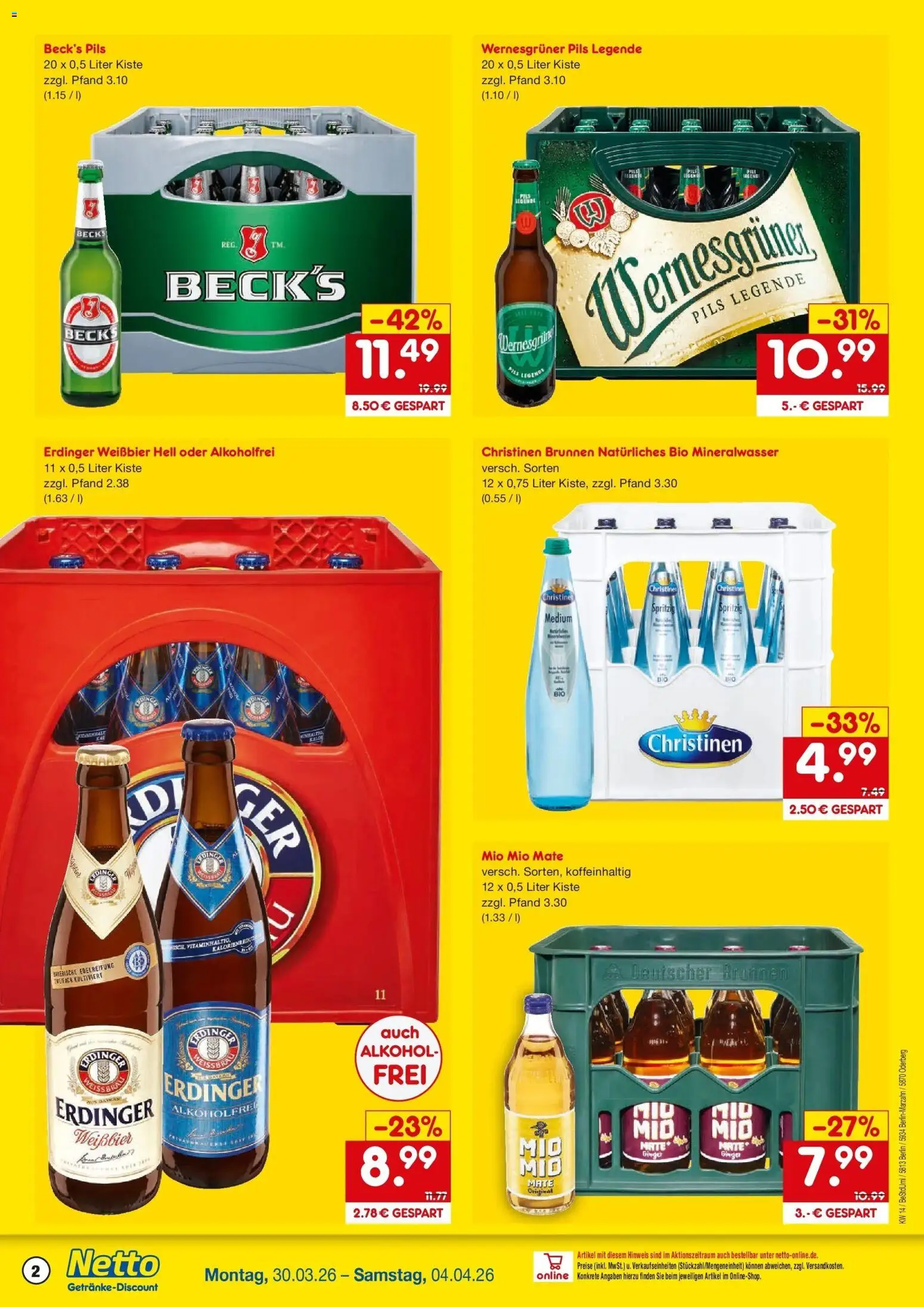 Netto Marken-Discount Prospekt Oderberg	 – gültig ab 30.03.2026 | Seite: 2 | Produkte: Erdinger, Weißbier, Pils, Wernesgruner