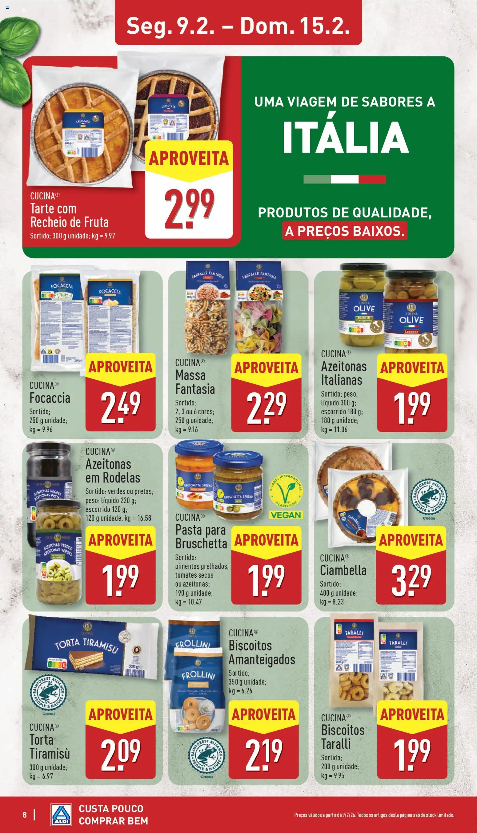 Aldi folheto │ válido de 09.02.2026 | Página: 8 | Produtos: Azeitonas, Tarte, Massa, Biscoitos