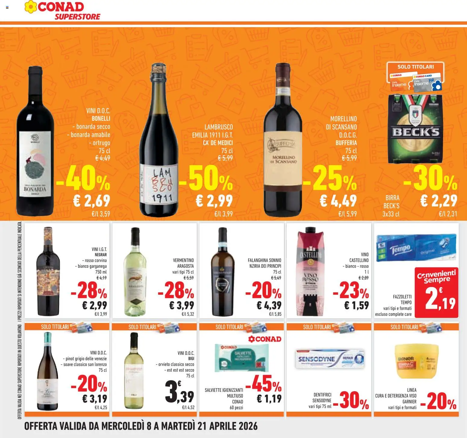 Volantino Conad del 08.04.2026 | Pagina: 28 | Prodotti: Birra, Fazzoletti, Vino, Vino rosso