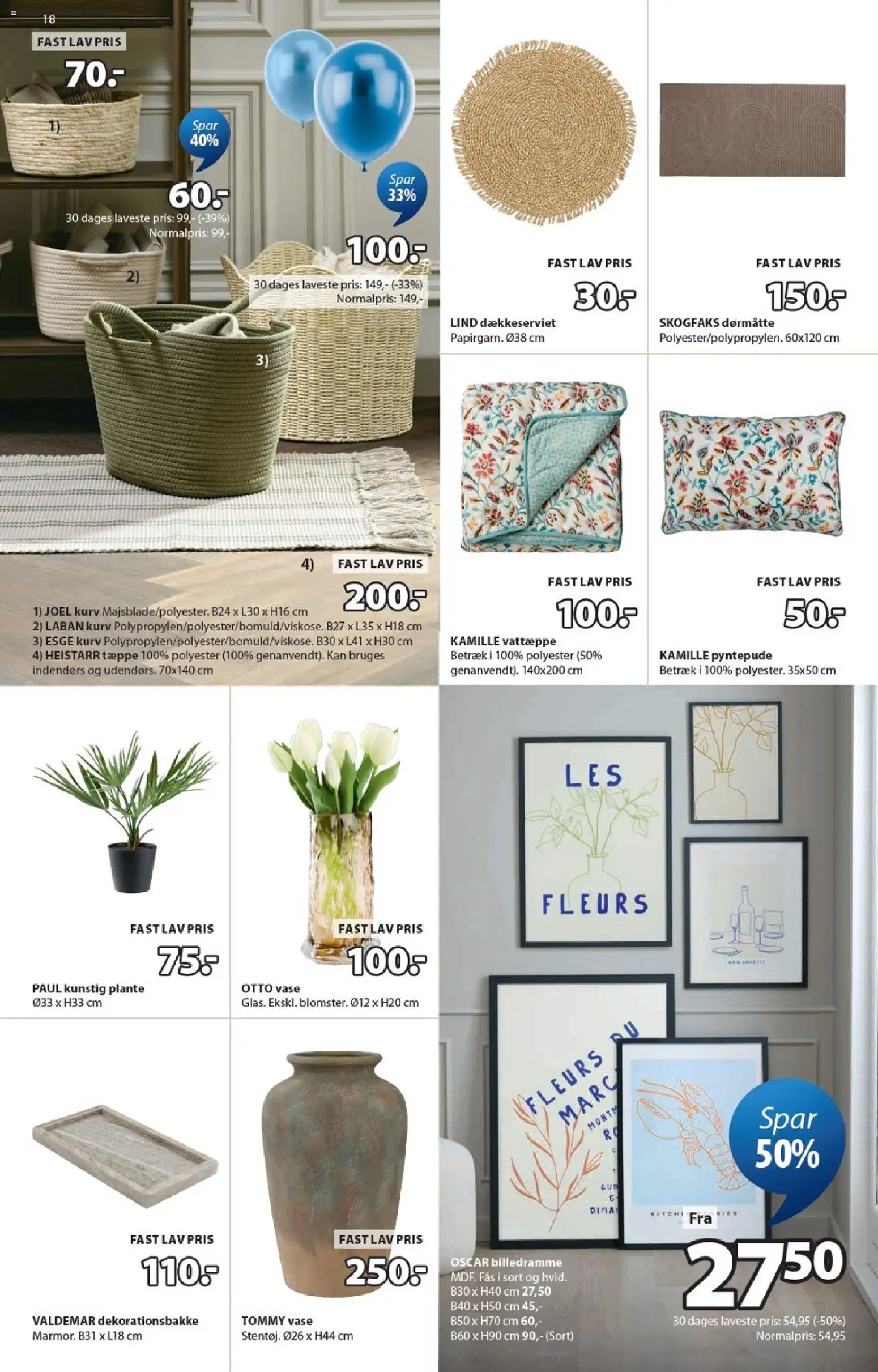JYSK tilbudsavis – gyldig fra 17.04.2026 | Side: 18 | Produkter: Tæppe, Kurv, Dørmåtte, Billedramme