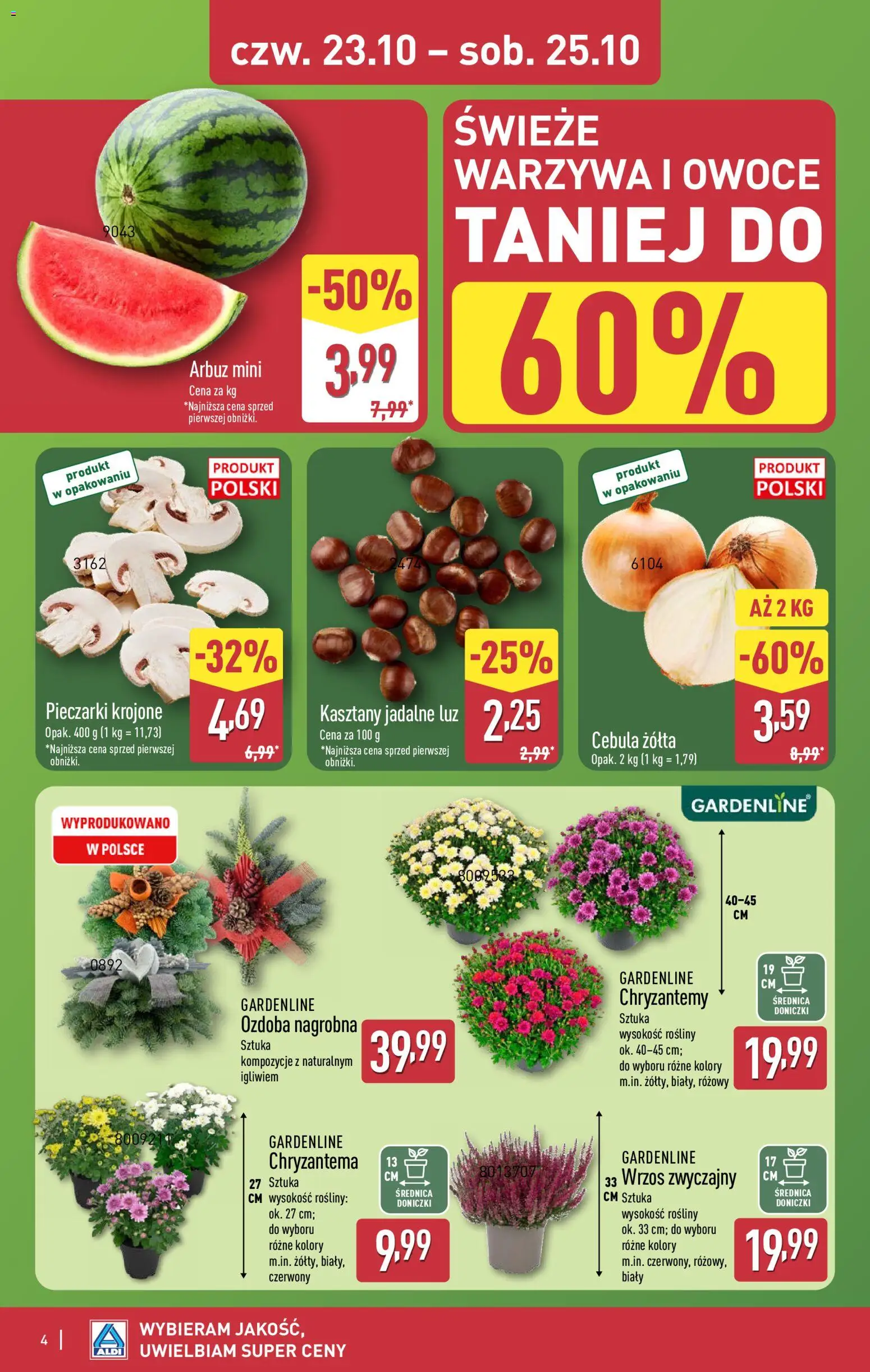 Aldi Gazetka - Okazje na weekend od 23.10.2025 | Strona: 4 | Produkty: Arbuz, Pieczarki, Rosliny, Kasztany jadalne