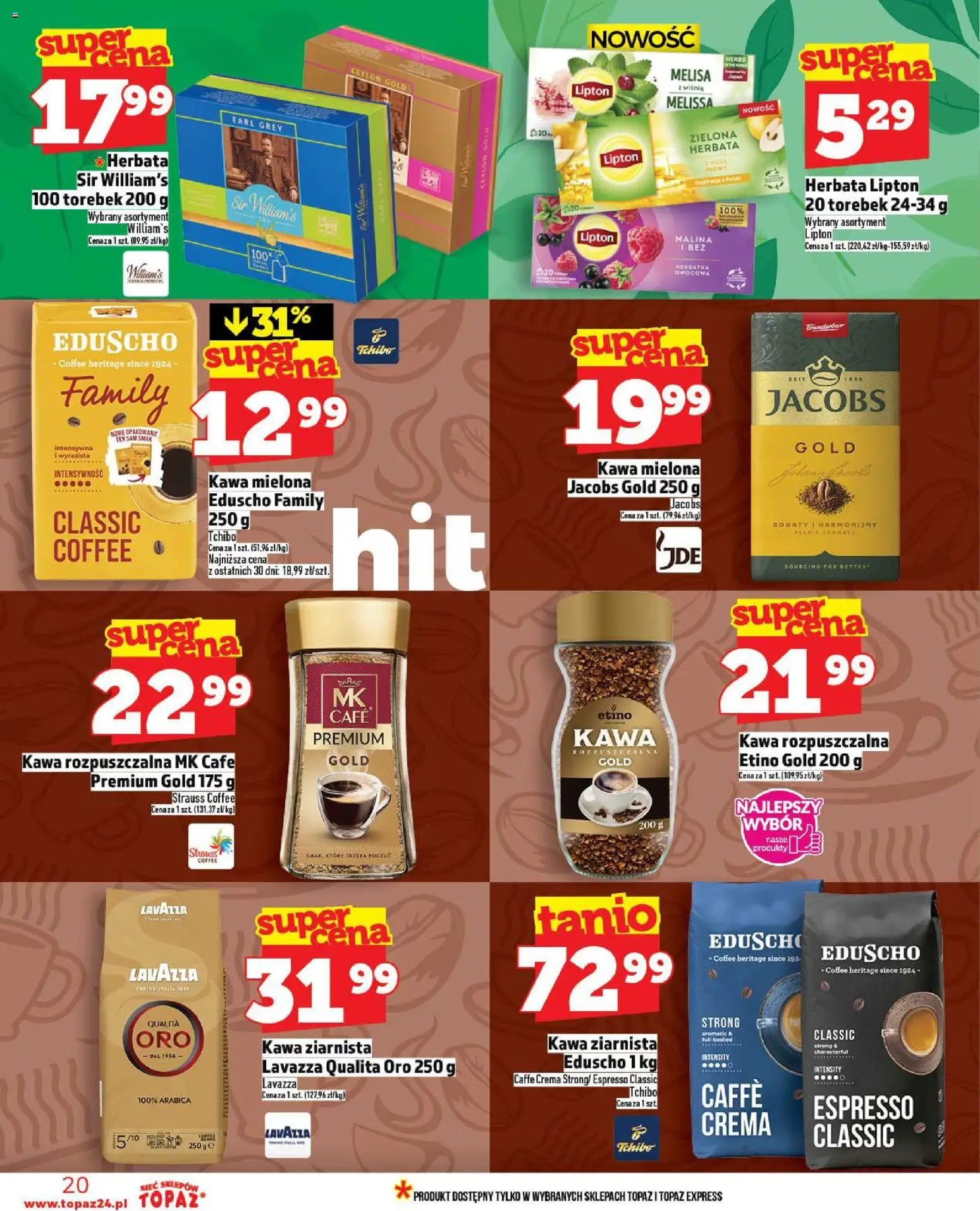 Topaz Gazetka MAZ od 13.11.2025 | Strona: 20 | Produkty: Kawa ziarnista, Lavazza, Herbata lipton, Herbata