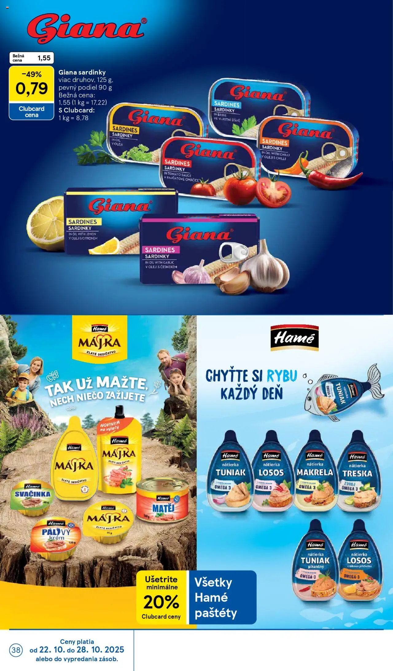 Nové Tesco akcie – leták je platný od 22.10.2025 | Strana: 38 | Produkty: Tuniak, Sardinky, Losos, Krém