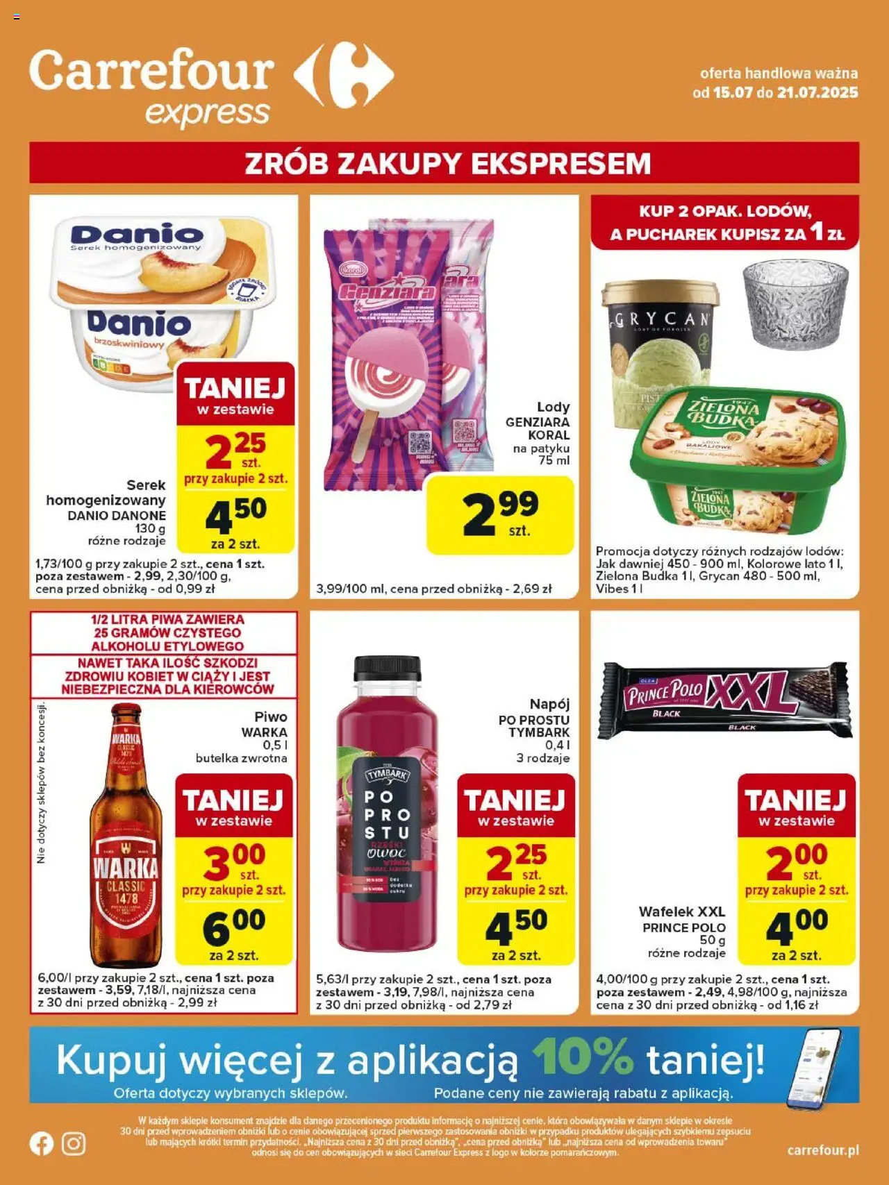 Carrefour Gazetka - Express od 15.07.2025 | Strona: 1 | Produkty: Serek, Warka, Piwo, Lody