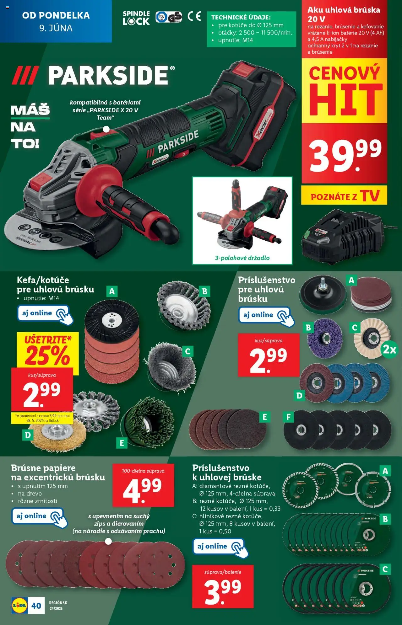 Lidl leták │ platný od 09.06.2025 | Strana: 44 | Produkty: Tv, Náradie, Uhlová brúska, Aku