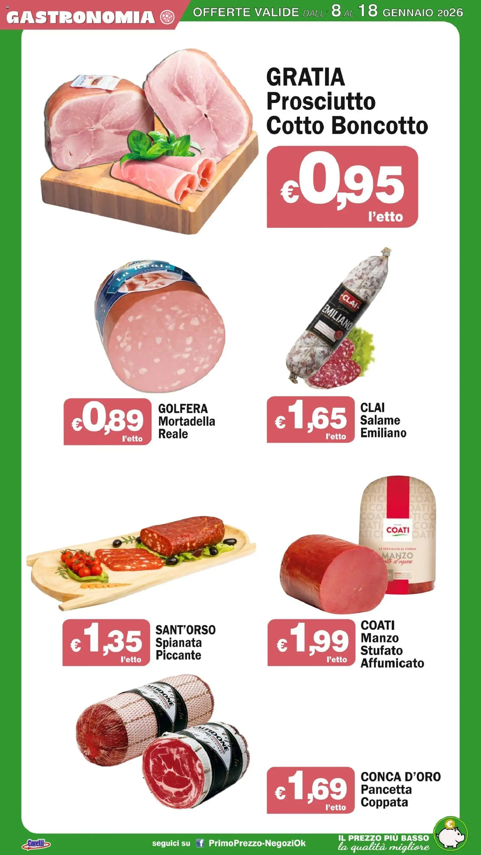 Volantino Primo Prezzo del 08.01.2026 | Pagina: 34 | Prodotti: Manzo, Pancetta, Prosciutto, Mortadella