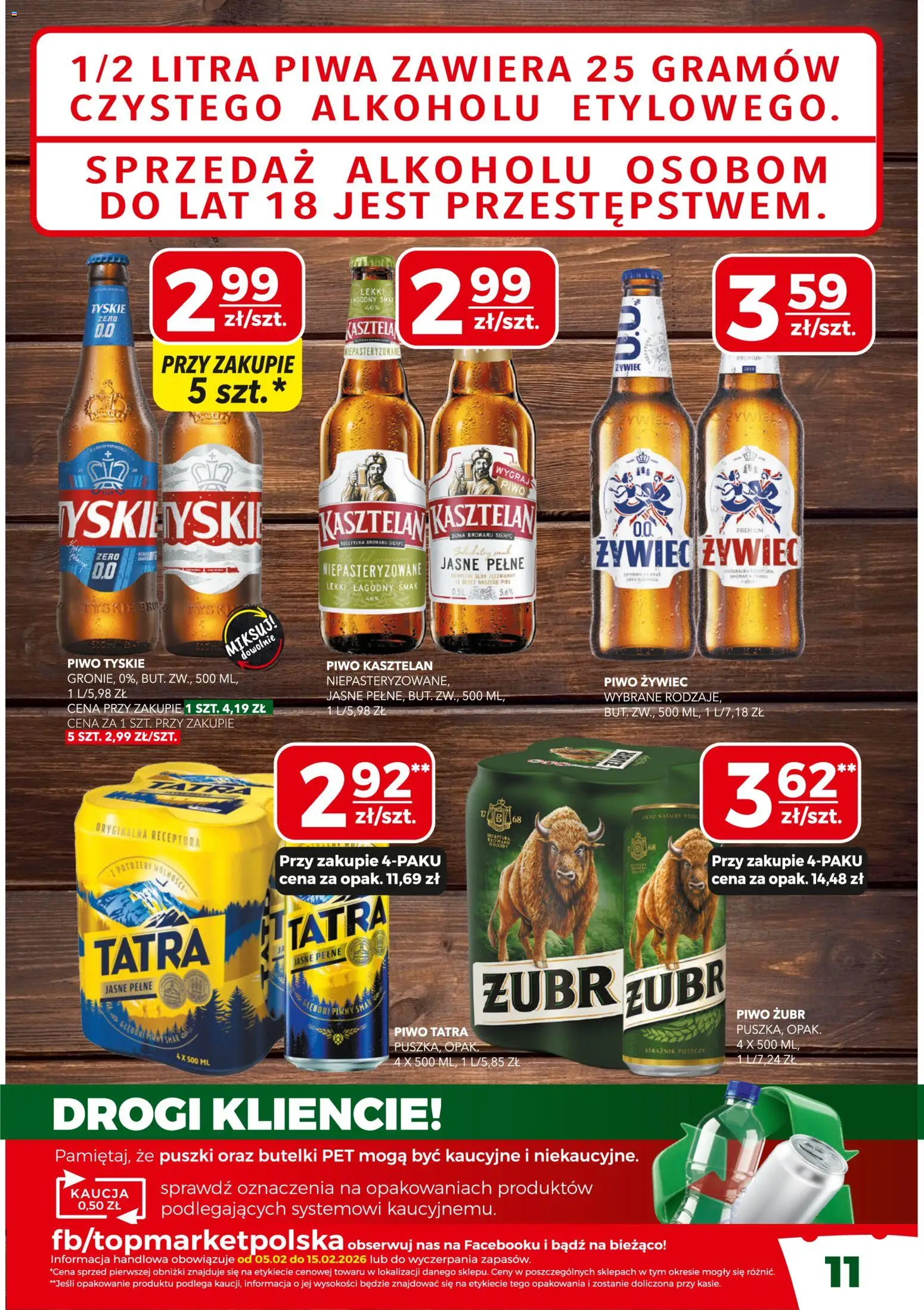 Top Market Gazetka od 05.02.2026 | Strona: 11 | Produkty: Piwo żubr, Tyskie, Piwo