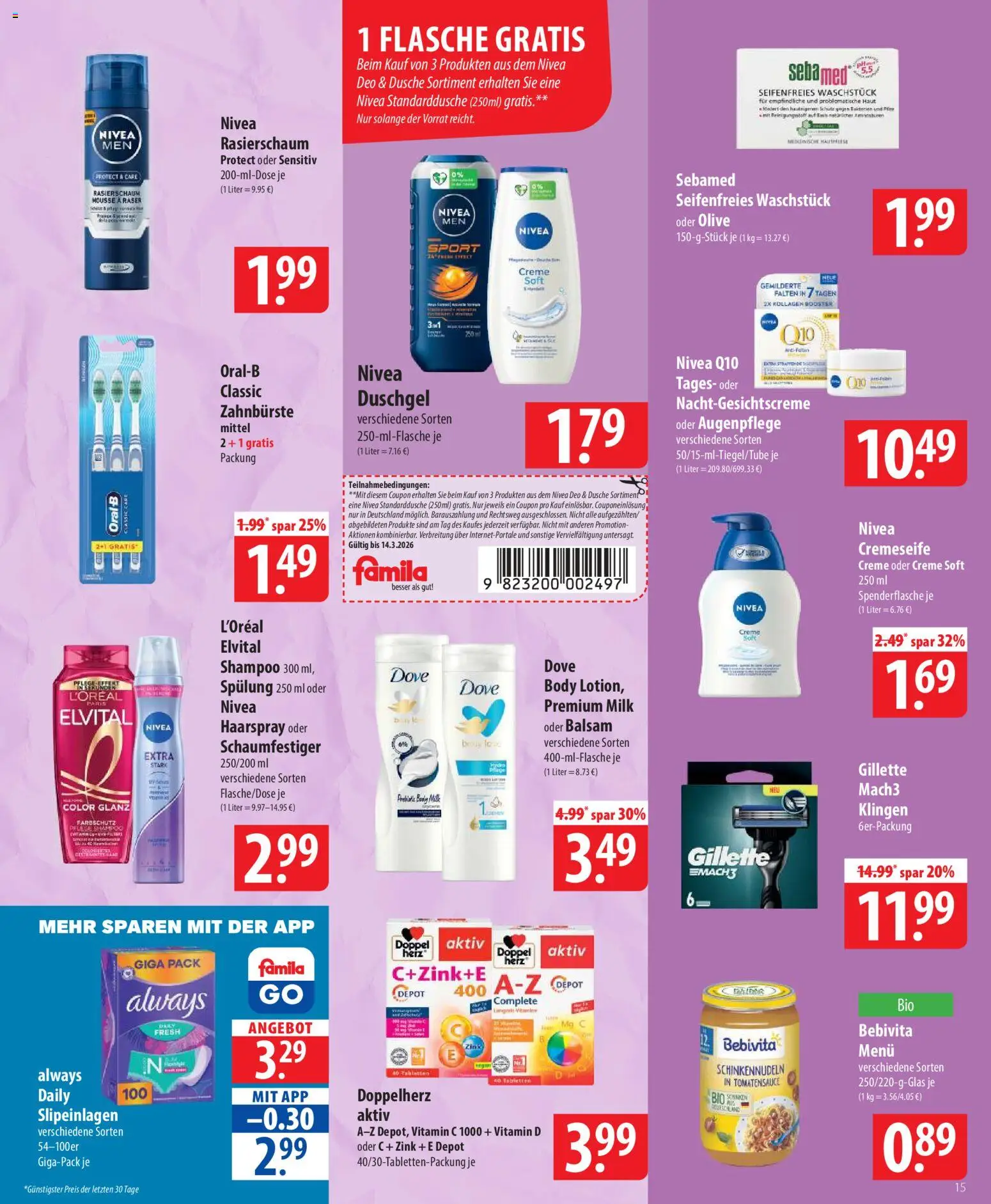 Famila Prospekt 	 – gültig ab 09.03.2026 | Seite: 15 | Produkte: Dusche, Creme, Rasierschaum, Duschgel