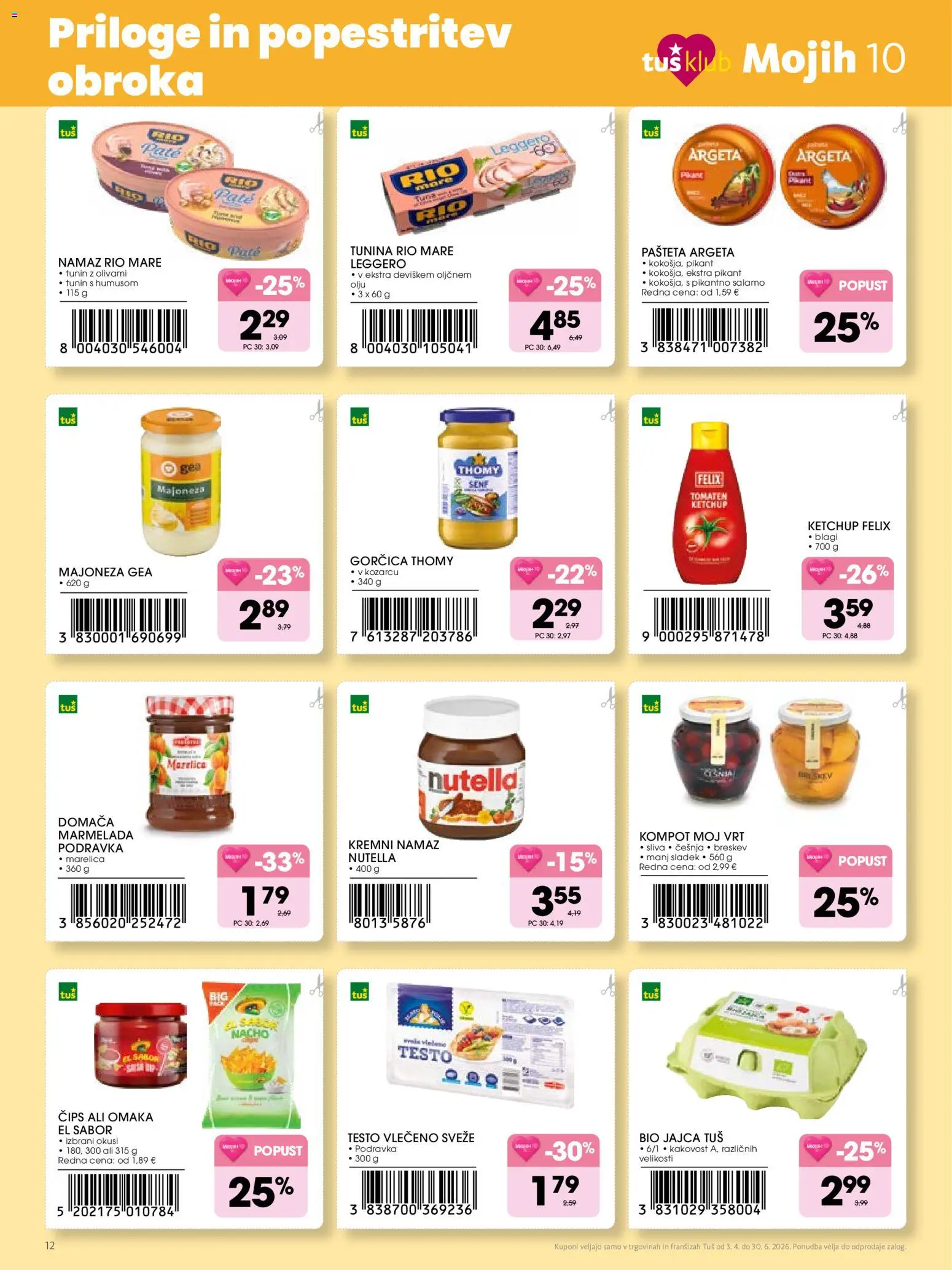 Novi Tuš katalog ponudbe – veljaven od 03.04.2026 | Stran: 12 | Izdelki: Pašteta, Namaz, Omaka, Breskev