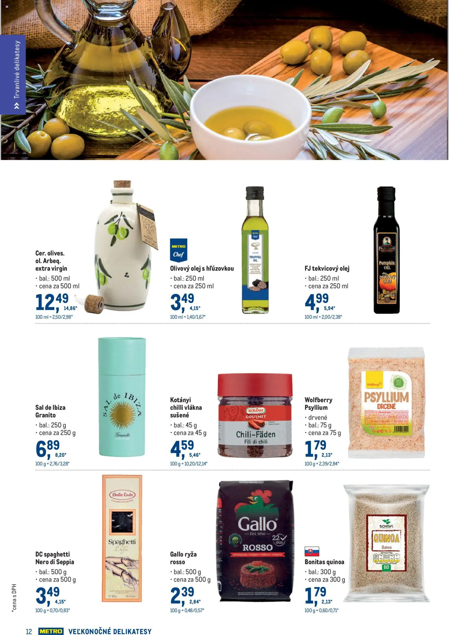 Nové Metro akcie – leták je platný od 11.03.2026 | Strana: 12 | Produkty: Olej, Ryža, Chilli, Olivový olej
