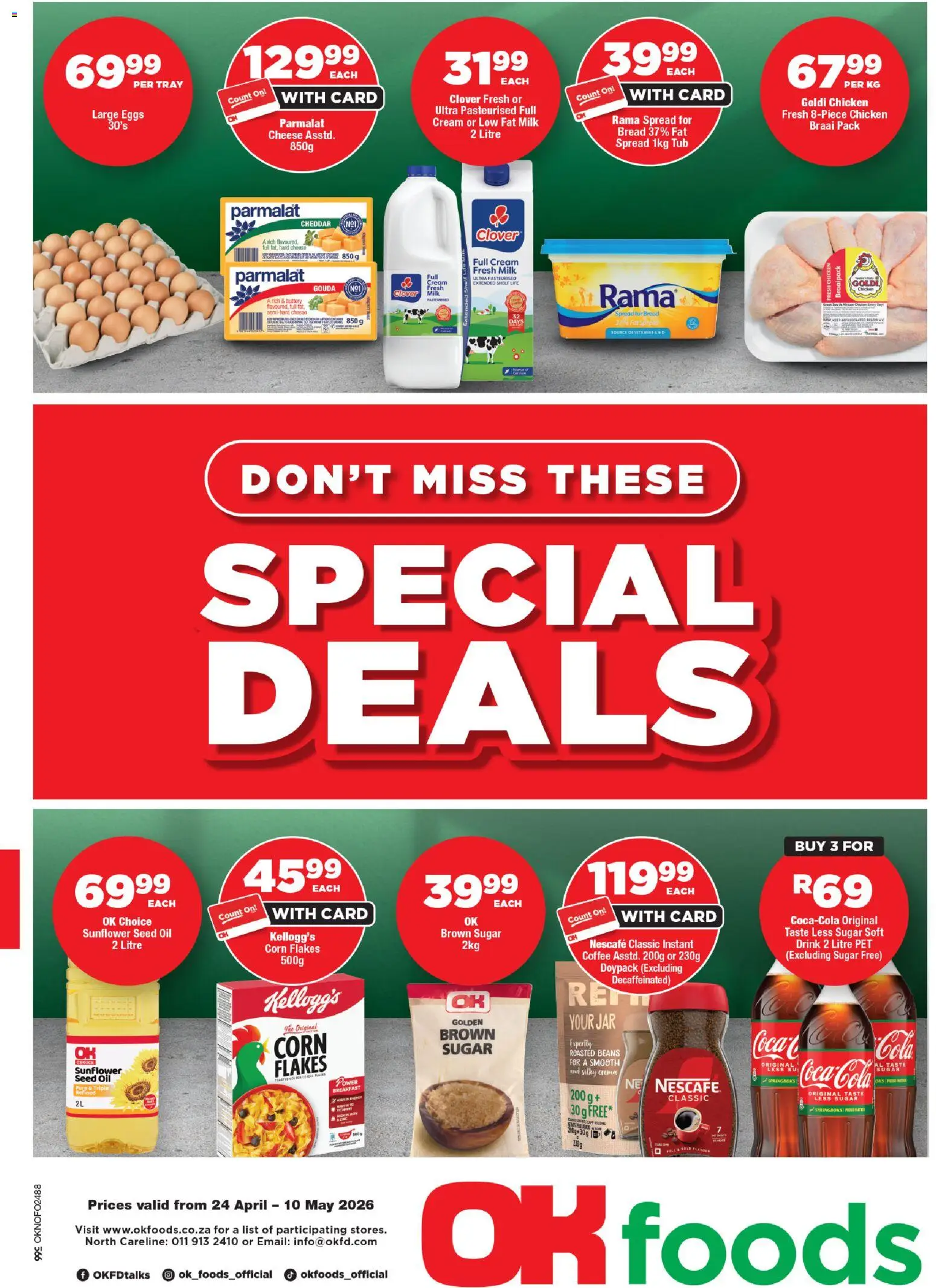 New OK Foods catalogue – valid from 24.04.2026 | Page: 1 | Products: Corn, Bread, Chicken, Flakes