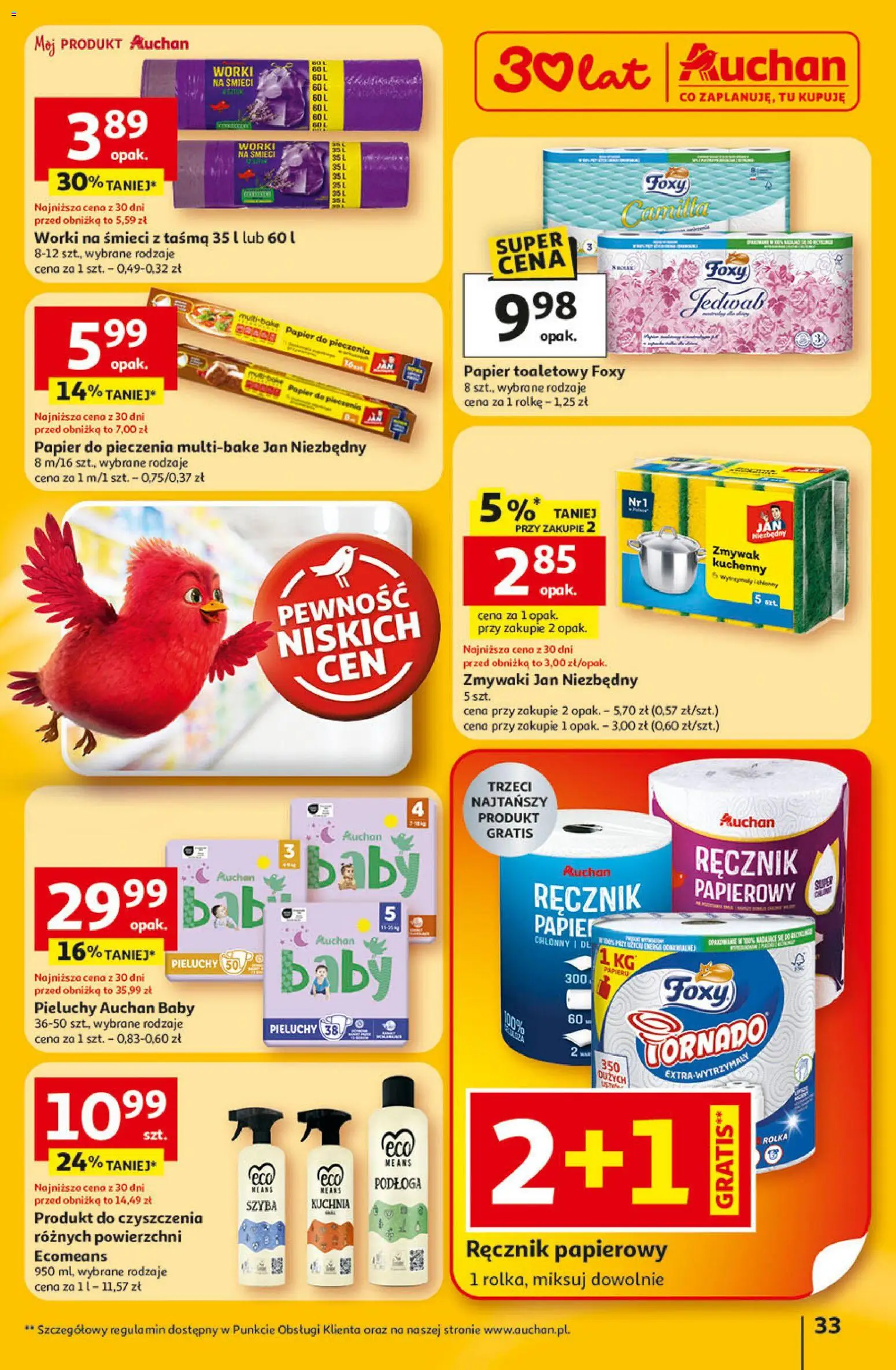 Auchan Gazetka - 30 Lat Hipermarket od 22.01.2026 | Strona: 33 | Produkty: Papier toaletowy, Papier do pieczenia, Worki na śmieci 60 l, Ręcznik papierowy