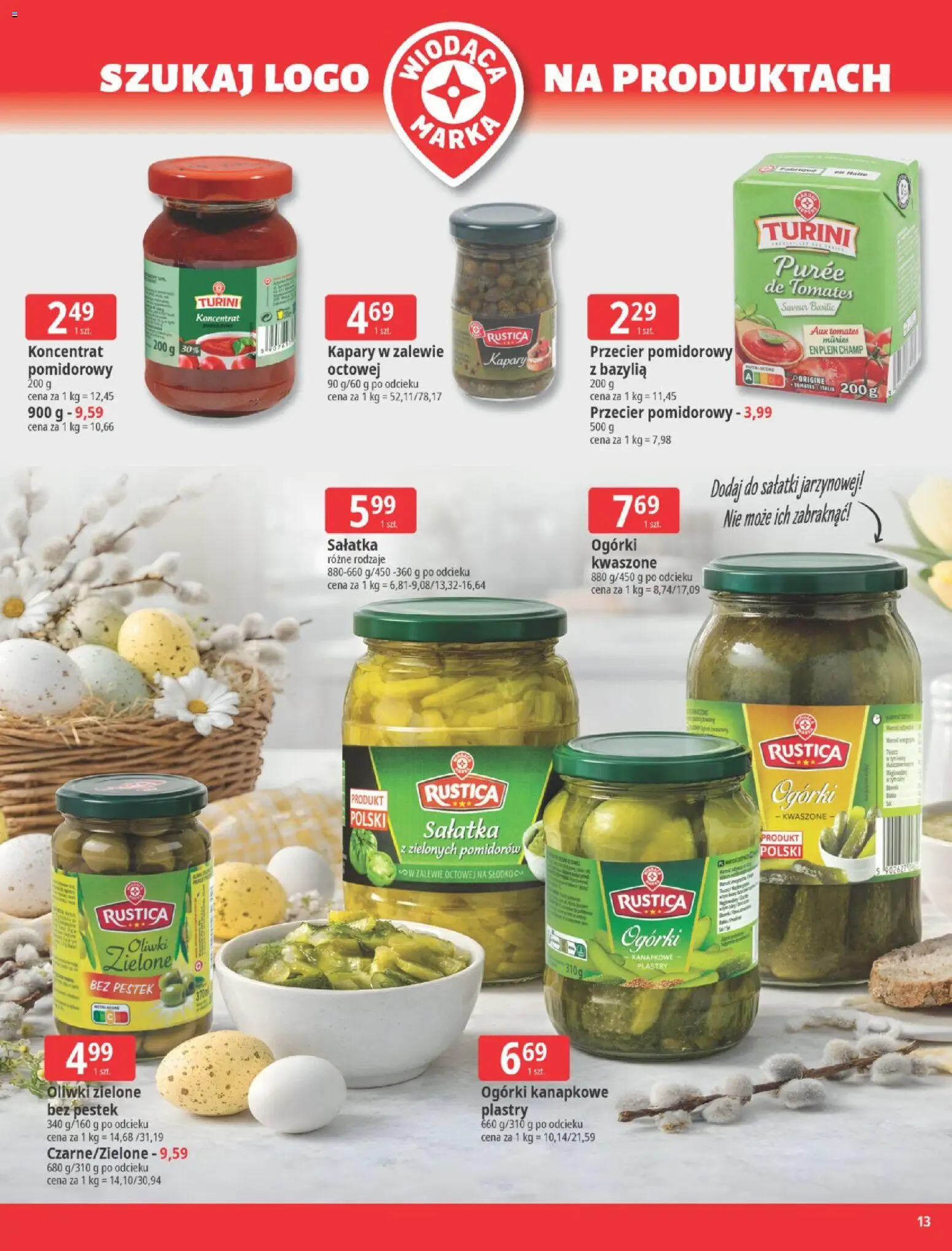 E.Leclerc gazetka - Wielkanoc od 24.03.2026 | Strona: 13 | Produkty: Przecier pomidorowy, Oliwki zielone, Bazylia, Sałatka