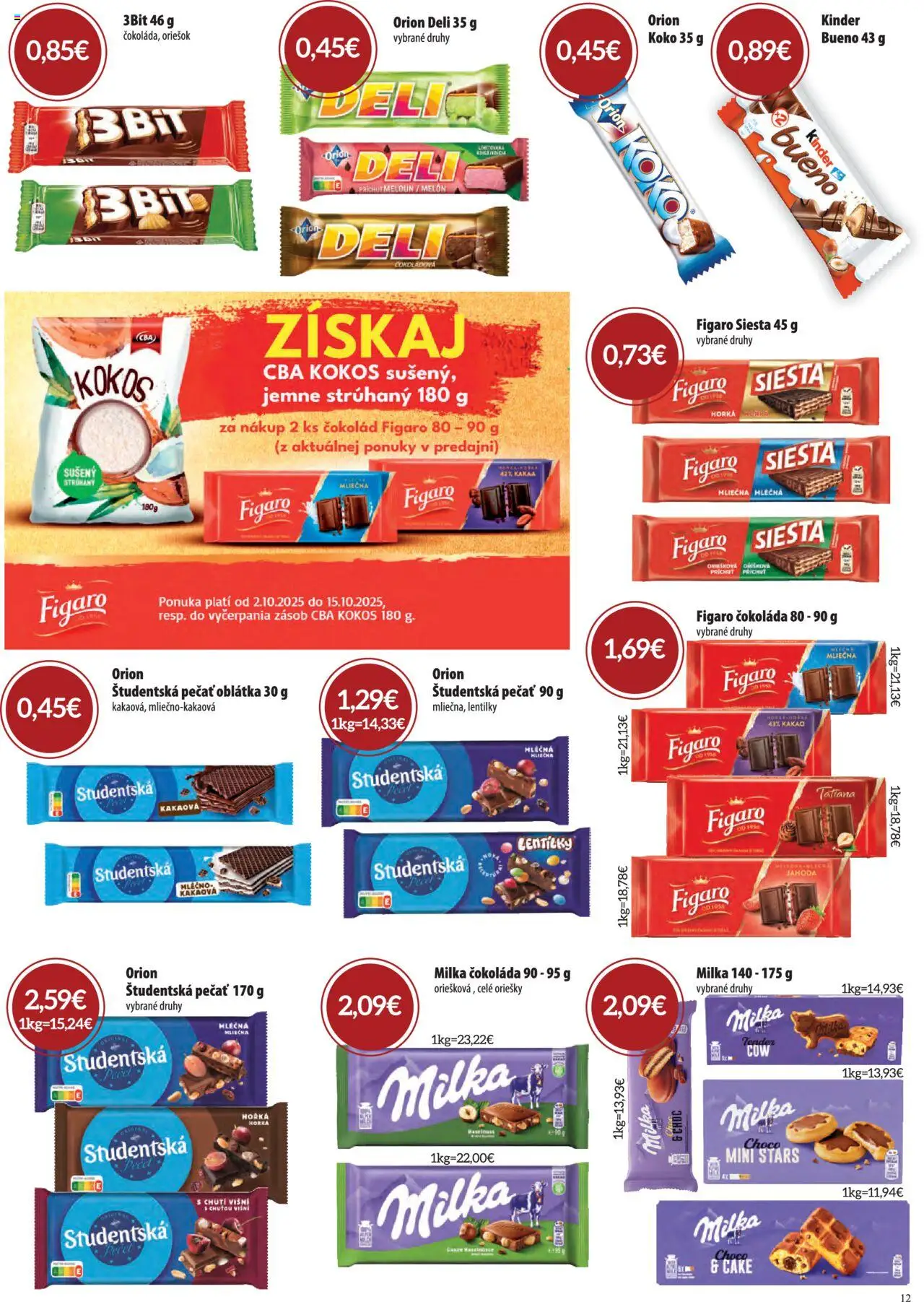 Nové CBA Komfos akcie – leták je platný od 02.10.2025 | Strana: 12 | Produkty: Kinder, Študentská pečať, Milka, Melón